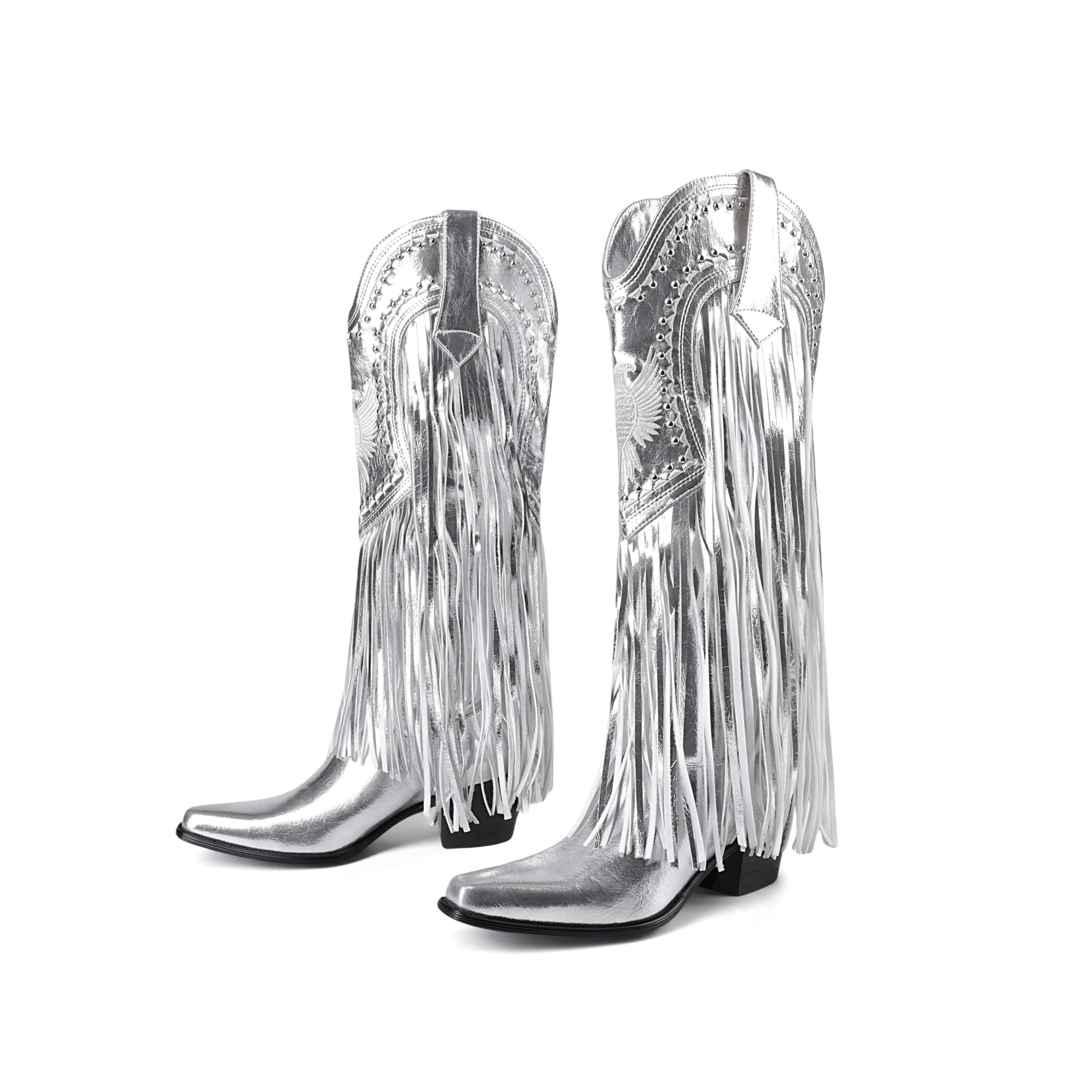 HiColor women's silver fringe studded western cowboy boots square toe chunky heels boots