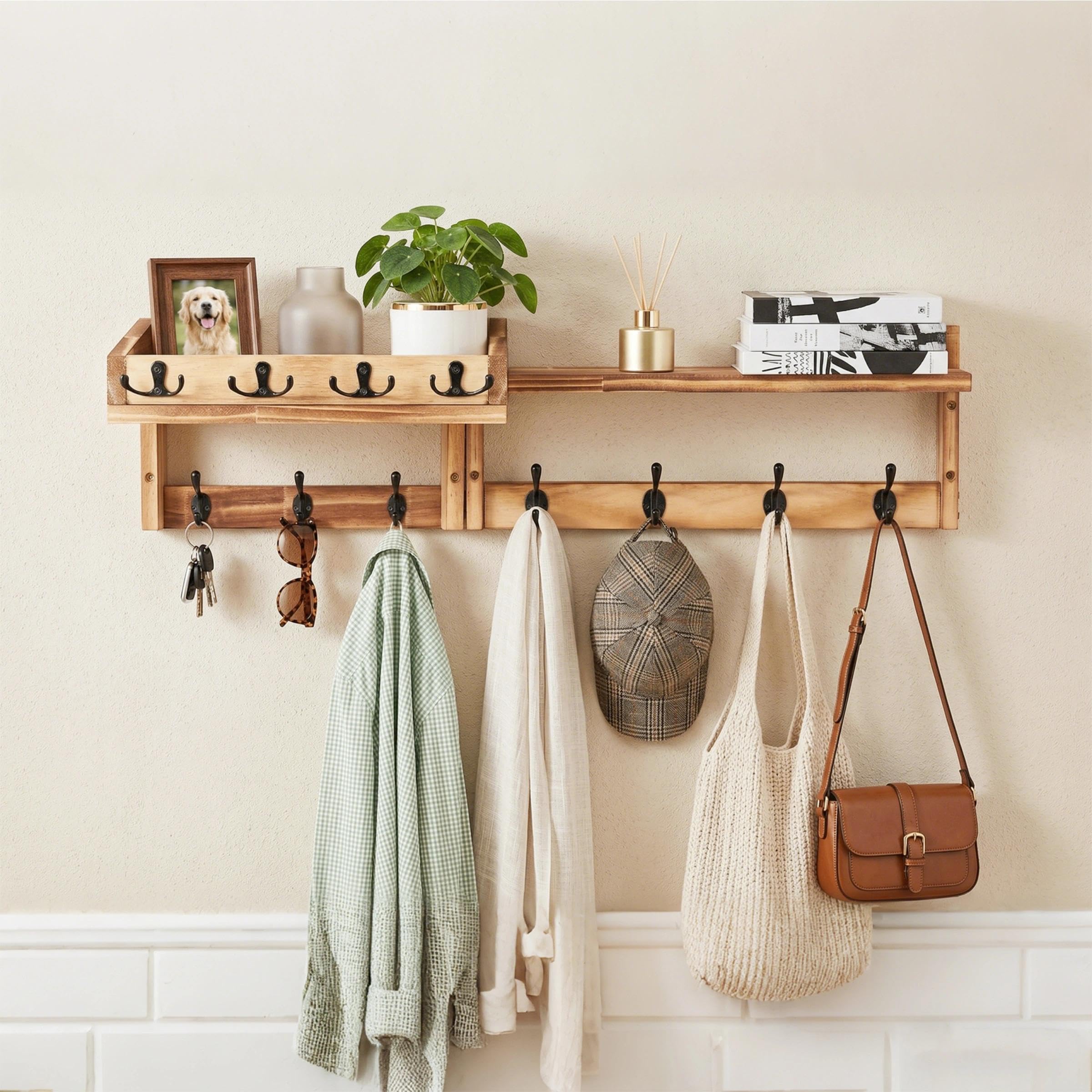 LUKDNEEY Coat Hooks with Shelf, Key Holder for Wall
