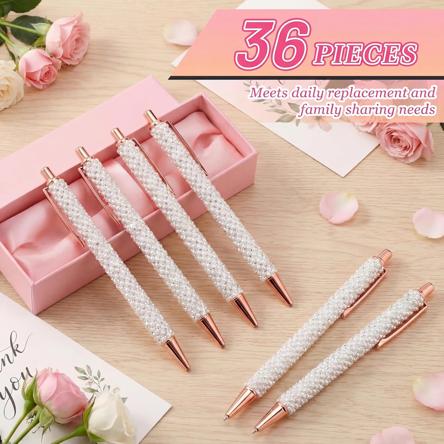 36 Pcs 36 Pcs Pearl Rhinestone Metal Ballpoint Pens Bling Metal Ballpoint Diamond Pens Bulk Wedding Rhinestone Gifts for Women Office Supplies, 1.0 mm (White)
