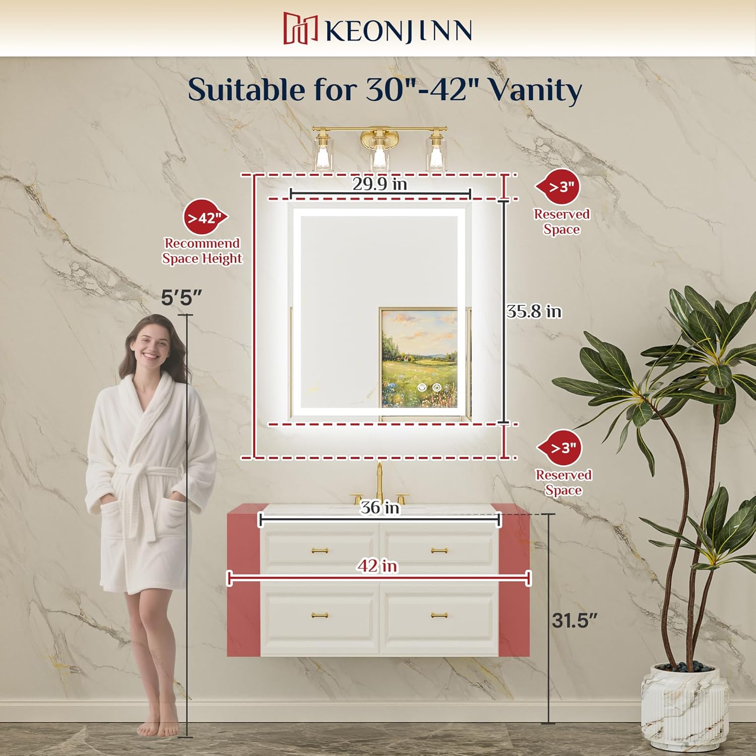 Keonjinn 30" x 36" Beveled Lighted Mirrors for Bathroom Wall, LED Bathroom Mirror with Lights, Frontlit & Backlit, Dimmable 3-Color Lights, Anti-Fog Tempered Glass Vanity Mirror, UL Listed LED Driver