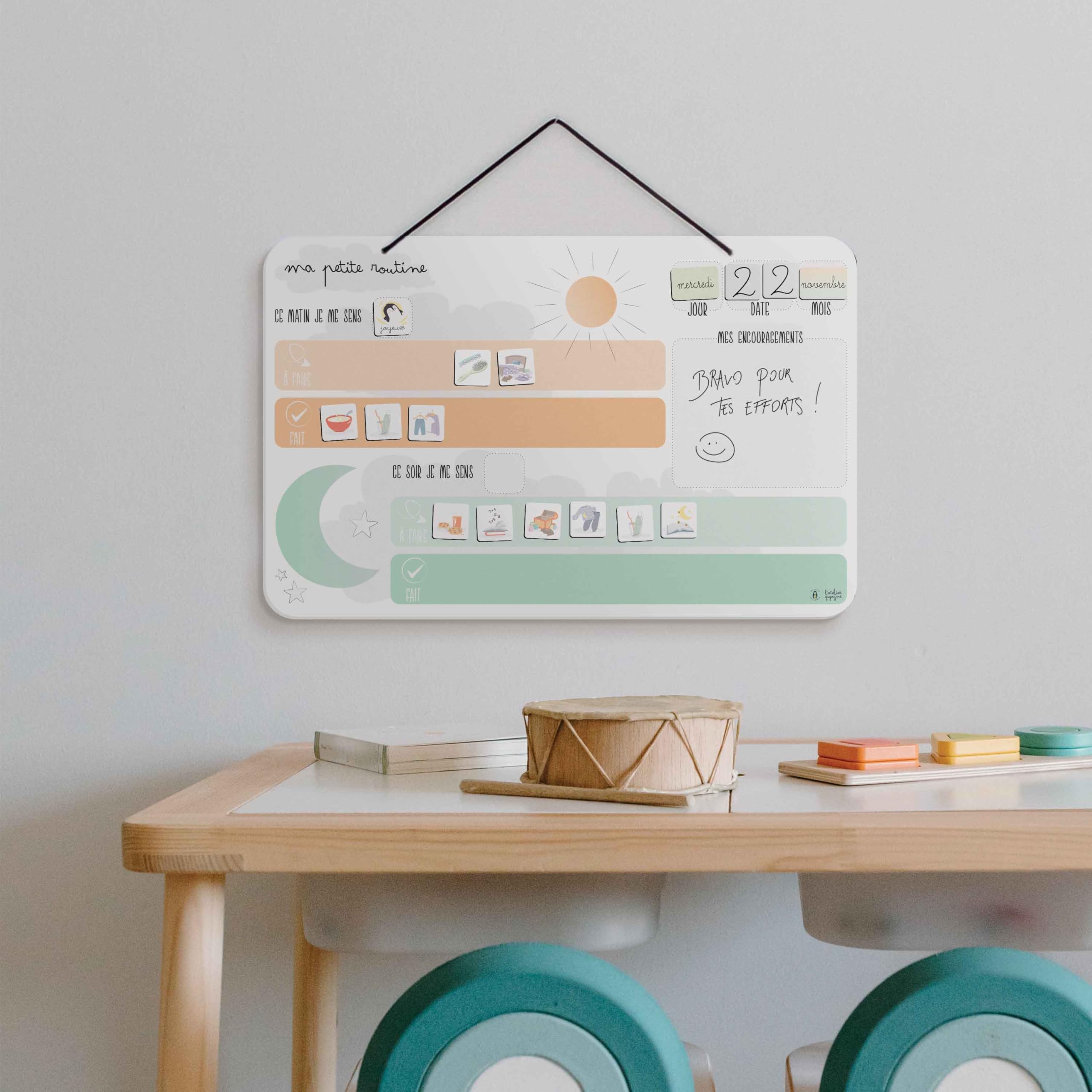 L’Atelier Gigogne – Tableau de Routine Enfant Montessori 3-8 Ans – Plateau Magnétique + 57 Magnets – Routine Matin & Soir – Autonomie, Émotions, Repères du Temps – Fabriqué en France
