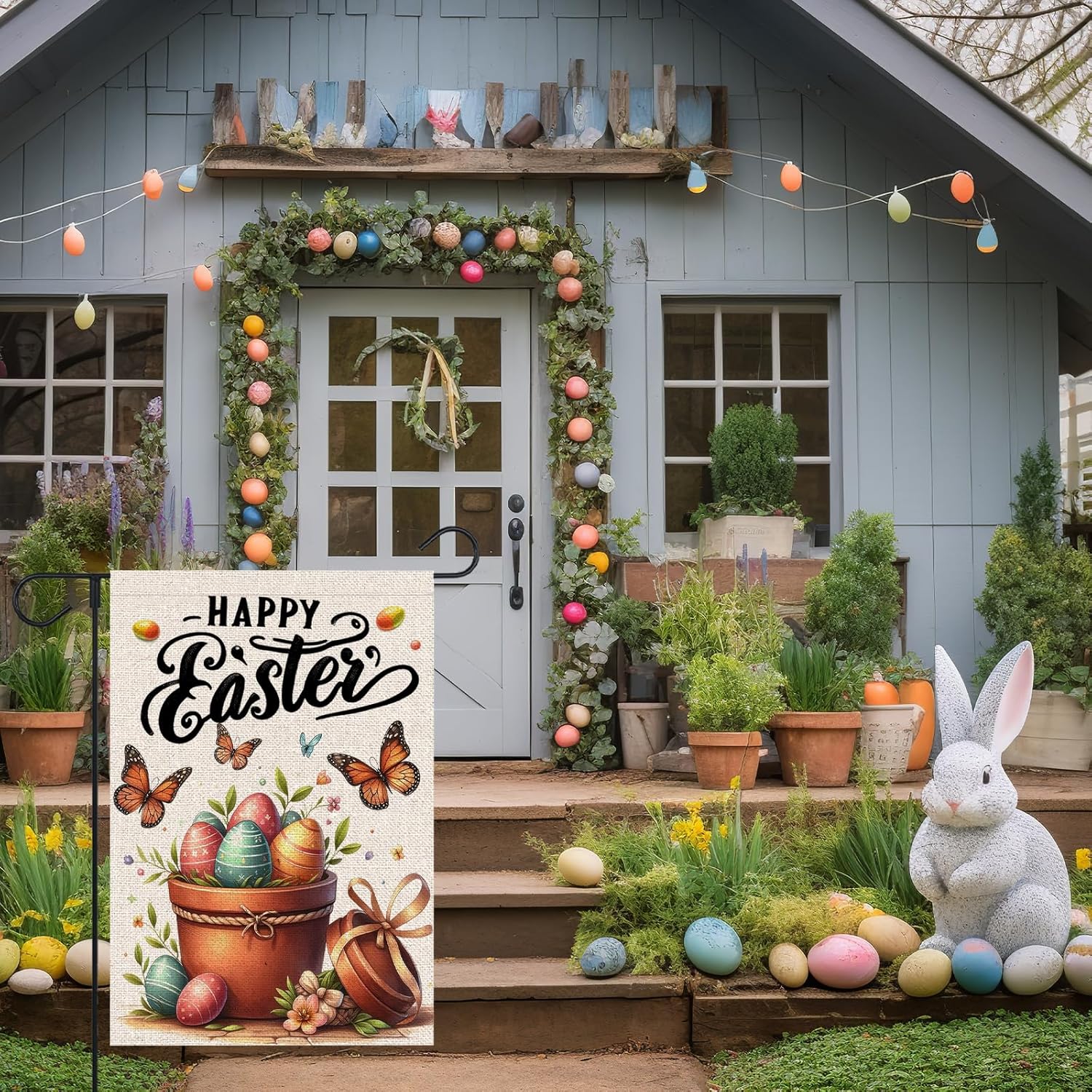 Happy Easter Garden Flag 12x18 Inch Double Sided Outside Easter Eggs Butterfly Flower Yard Holiday Decoration Flag - Image 3