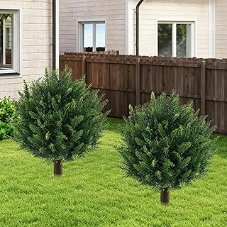 2PCS UV Resistant Fake Bushes Artificial Shrubs for Outdoors | Cedar Topiary Ball Trees / Faux Greenery / No Fade / Sturdy Build / No Maintenance / with Spike / Front Porch Decor