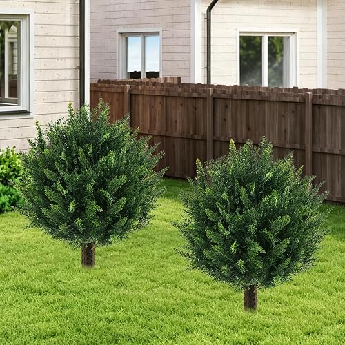 Chillchard 21" Artificial Cypress Topiary Outdoor Plants with Spike, 2