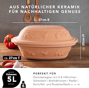 Roman pot Rustico Roasting Dish Made of Natural Clay Ceramic Steamer 5 liters for up to 6 People Healthy Low-Fat Cooking Even Heat Distribution Oven and Microwave Safe Dishwasher Safe