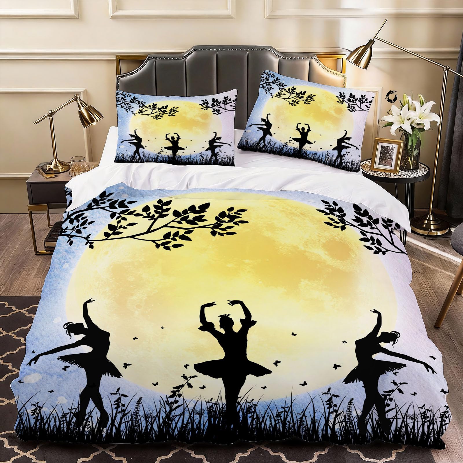 3D Ballerina Duvet Cover Silhouette Bedding Super King Bed Set, Soft Microfiber Comforter Cover Printed with Zipper Closure Quilt Coverr 260x220 cm and 2 Pillowcases
