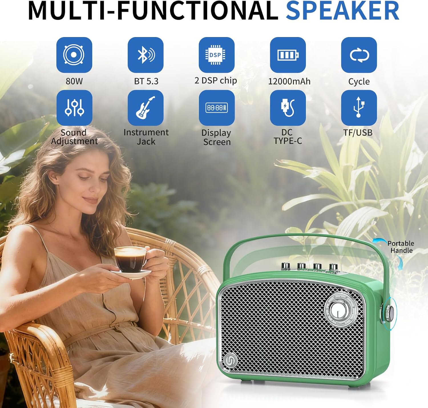 Bluetooth Speaker 120W Peak Powerful Retro Wireless Hi-Fi Loud Speakers with Deep Bass, Dual DSP Chips, Portable Boombox for Home Room Office Decor, Camping, Party, Festival Gifts, Christmas Events