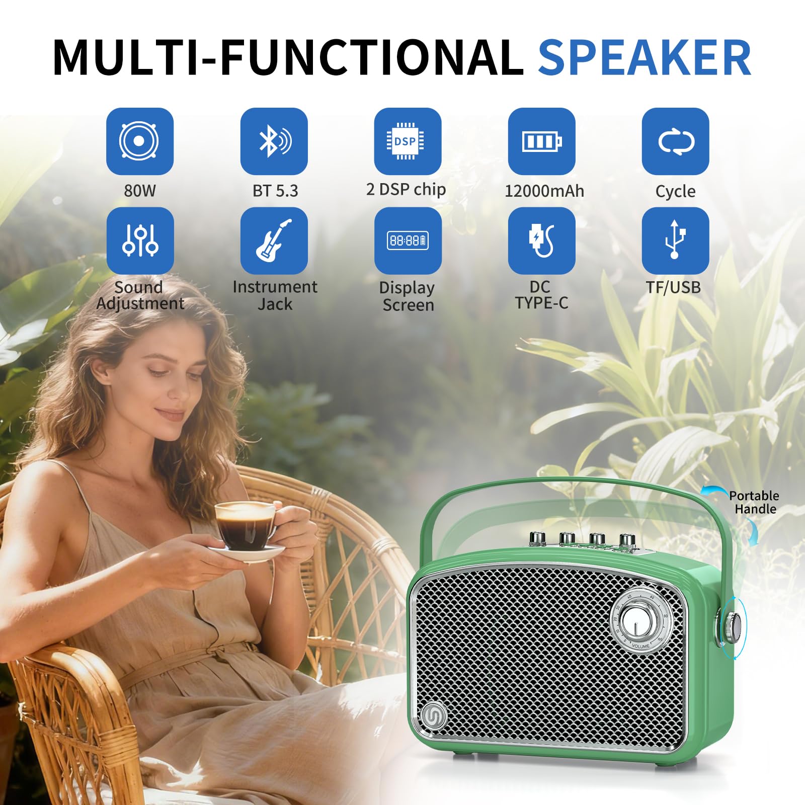 Altoparlante Bluetooth, 120 W di picco per esterni, wireless, altoparlanti portatili per feste con subwoofer, bassi profondi, suono stereo forte per casa, campeggio, viaggi (verde)