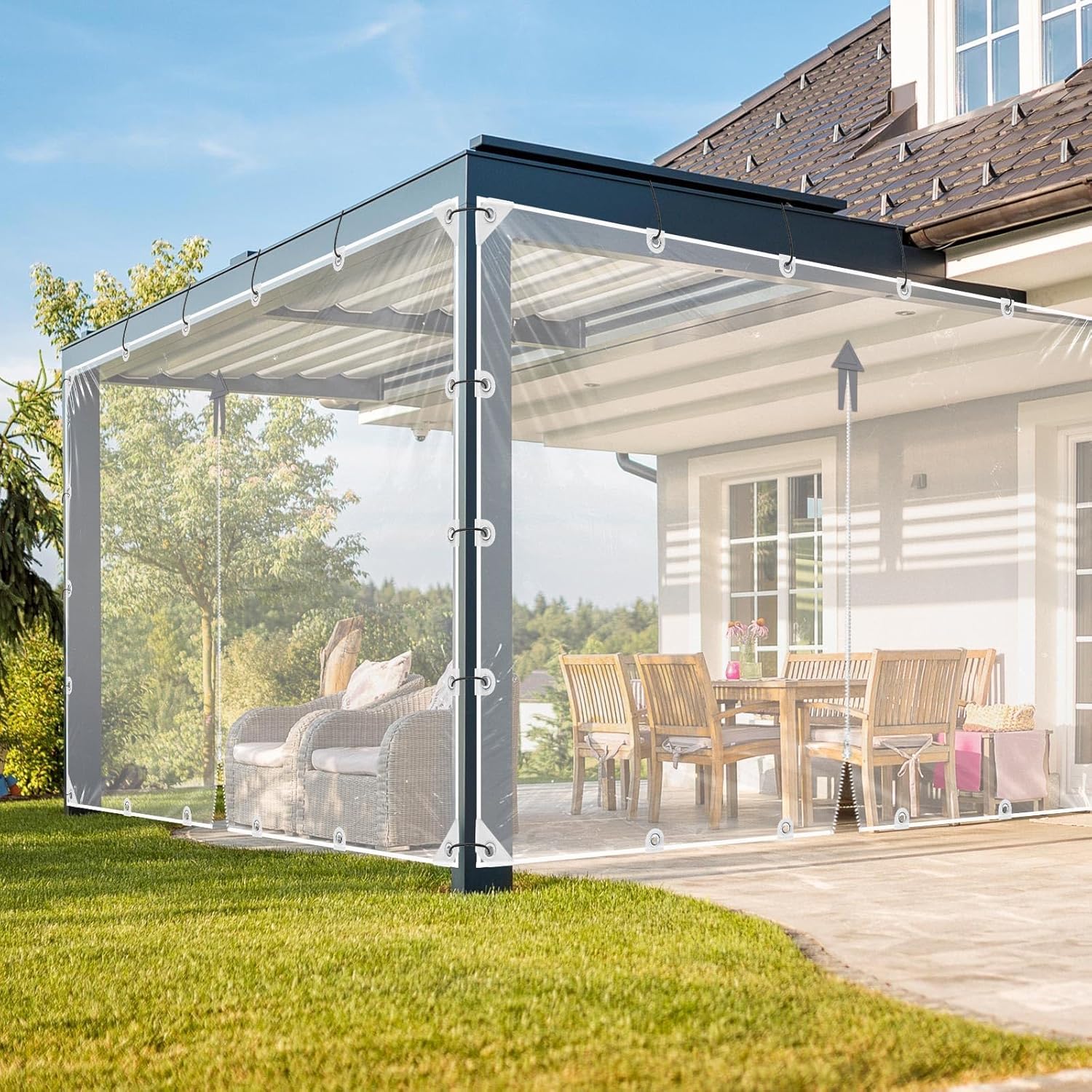 Transparente Plane, robuste PVC-Plane mit Reißverschluss, wasserdicht, staubdicht, winddicht, reißfest, mit Ösen und Seilen, für Gewächshaus, Terrasse, Garten, Outdoor, 3 x 3 m