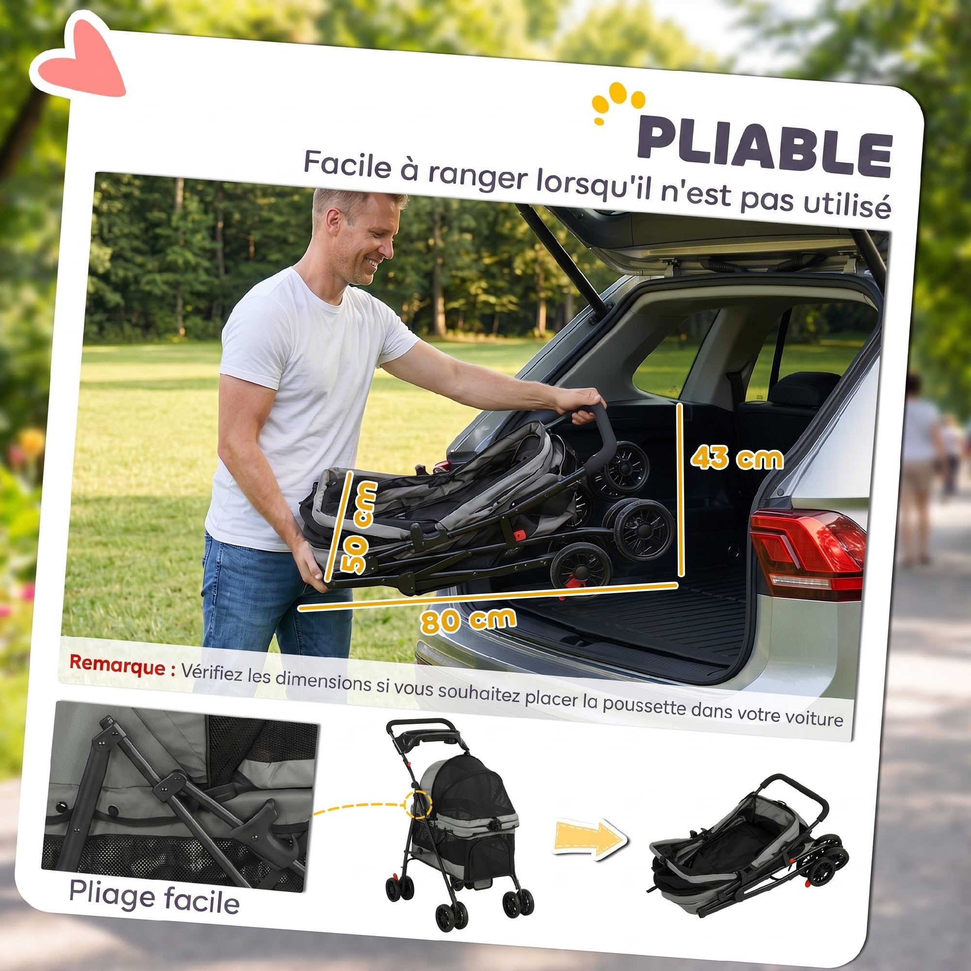 PawHut Poussette pour Chien avec 4 Roues EVA, Chariot Pliable avec Fenêtres en Maille, Frein, Laisses de Sécurité, Coussin Amovible, Plateau de Rangement, Porte-Gobelet, pour Petits Chiens, Gris