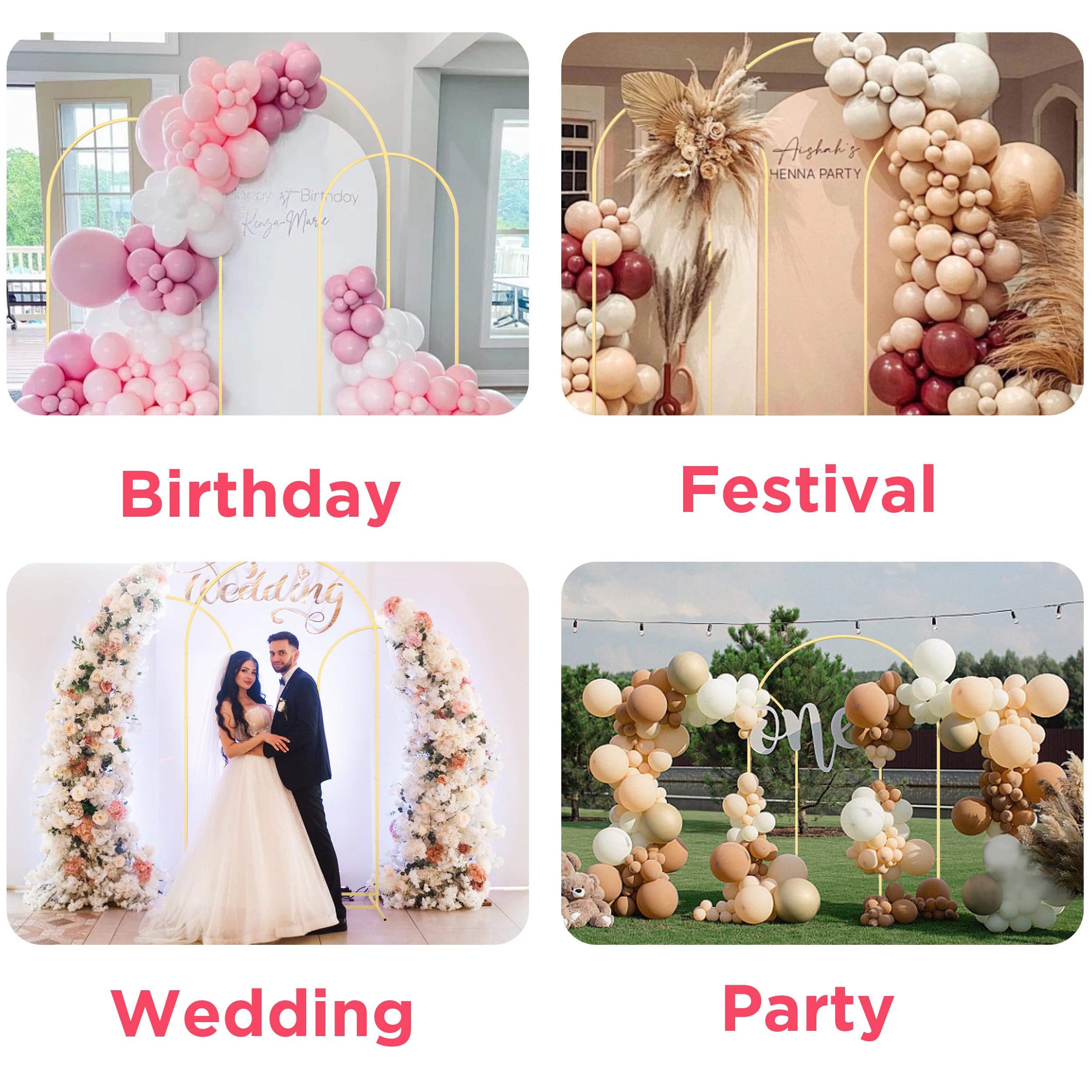 Famyards Metal Arch Backdrop Stand Set of 3 Gold Wedding Arch Stand Balloon Frame for Birthday, Party and Ceremony Decoration, 7.2FT, 6.6FT, 6FT