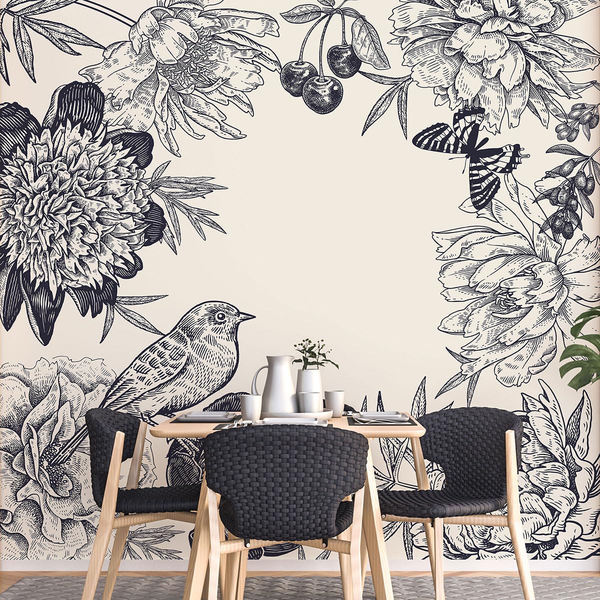 Papier peint panoramique Fleurs Oiseaux pour salon lumineux