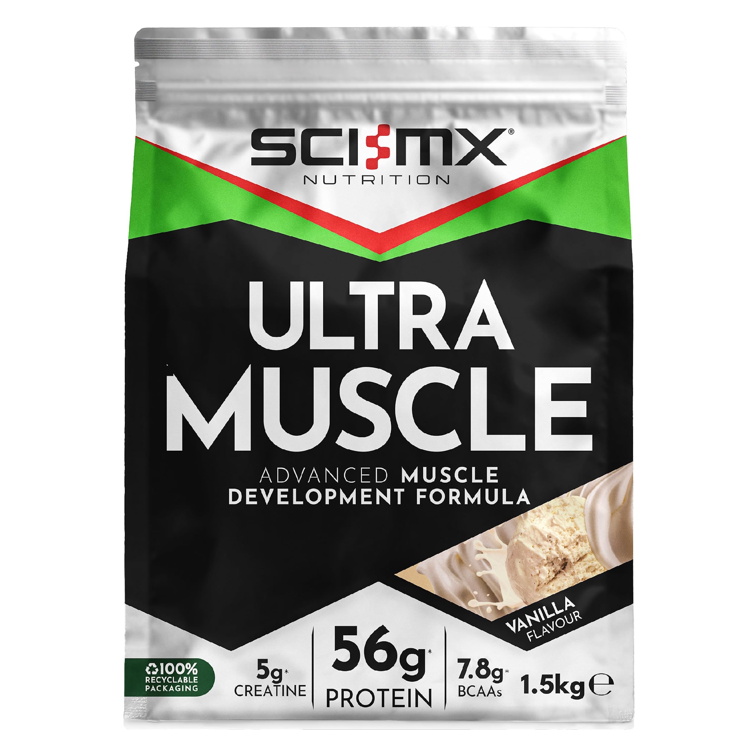 SCI-MX Ultra Muscle - Protein Powder for Muscle Development + 23 Vitamins & Minerals - Vanilla • 56g Protein + 5g Creatine + 7.8g BCAAs per Serving • 1.5kg
