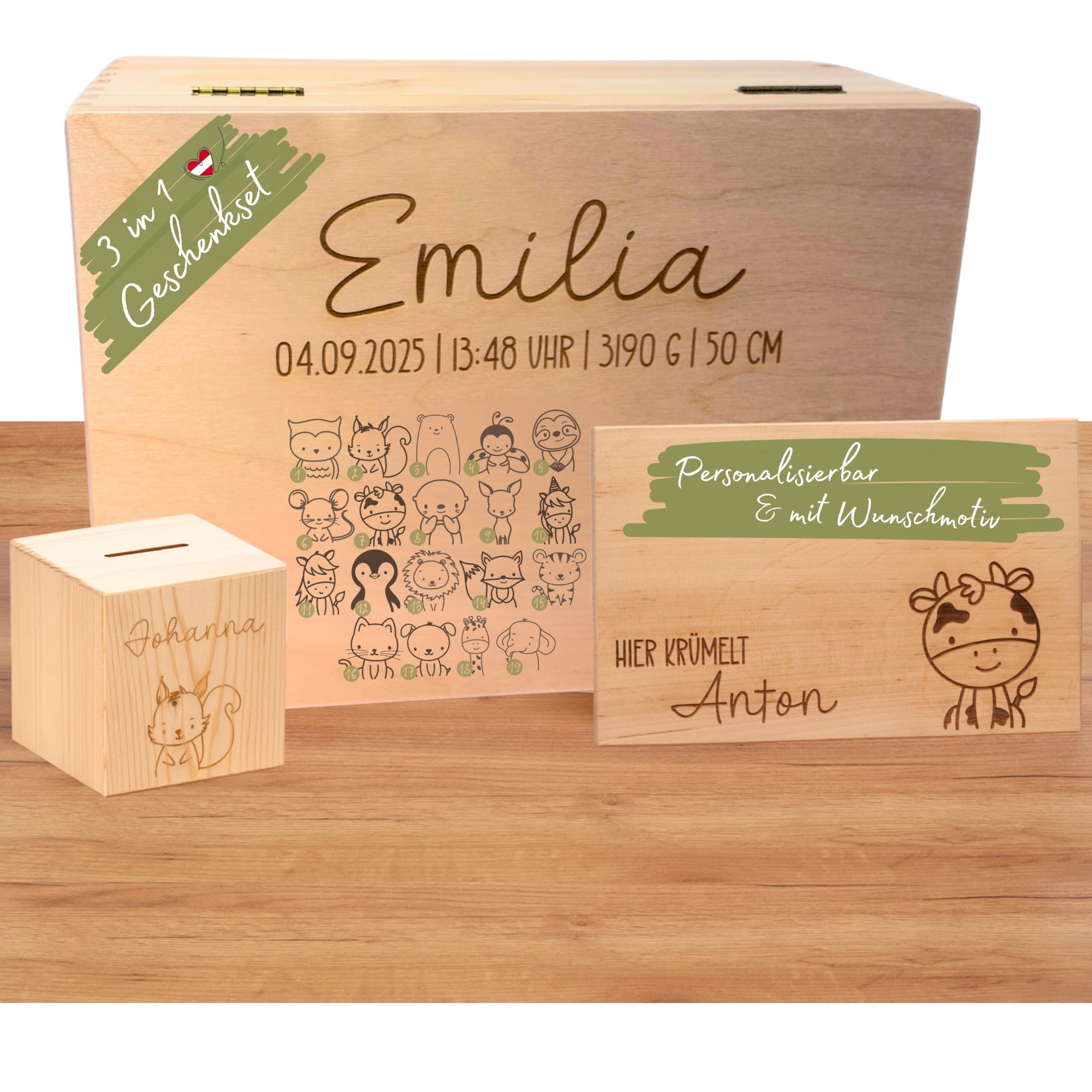 Sparset zur Geburt – Erinnerungsbox L mit Klappdeckel + personalisierte Spardose + Krümelbrett mit Name – handgefertigt & individuell graviert