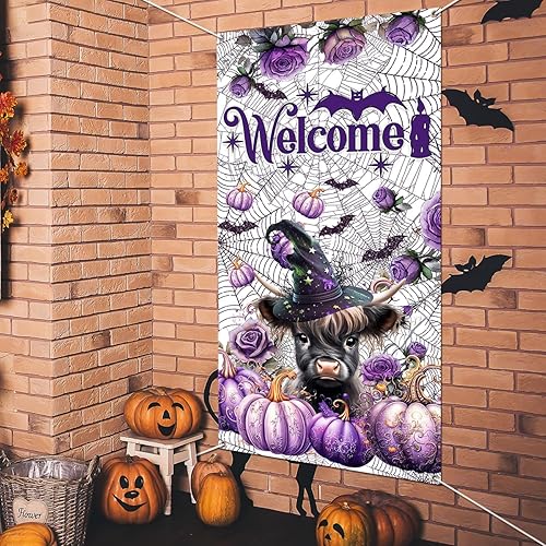 Miniatura 5 de Decoraciones para puerta de Halloween, pancartas de bienvenida de Halloween, vaca de las tierras altas con sombrero de bruja, calabaza morada,
