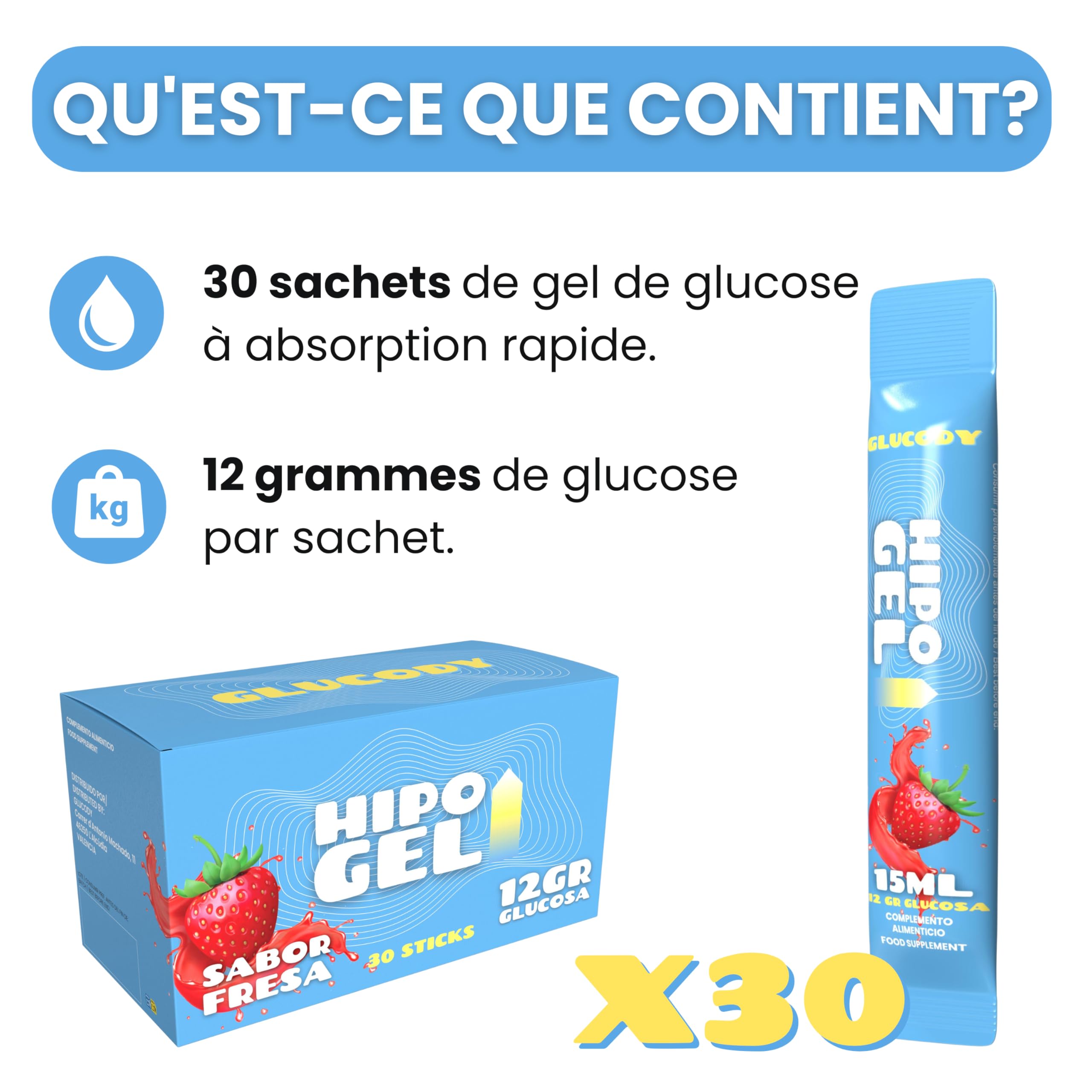 Gel de glucose pour l'hypoglycémie / 30 sachets de 12 g de glucose liquide à absorption rapide / 15 ml de glucose liquide pour soulager l'hypoglycémie chez les patients diabétiques