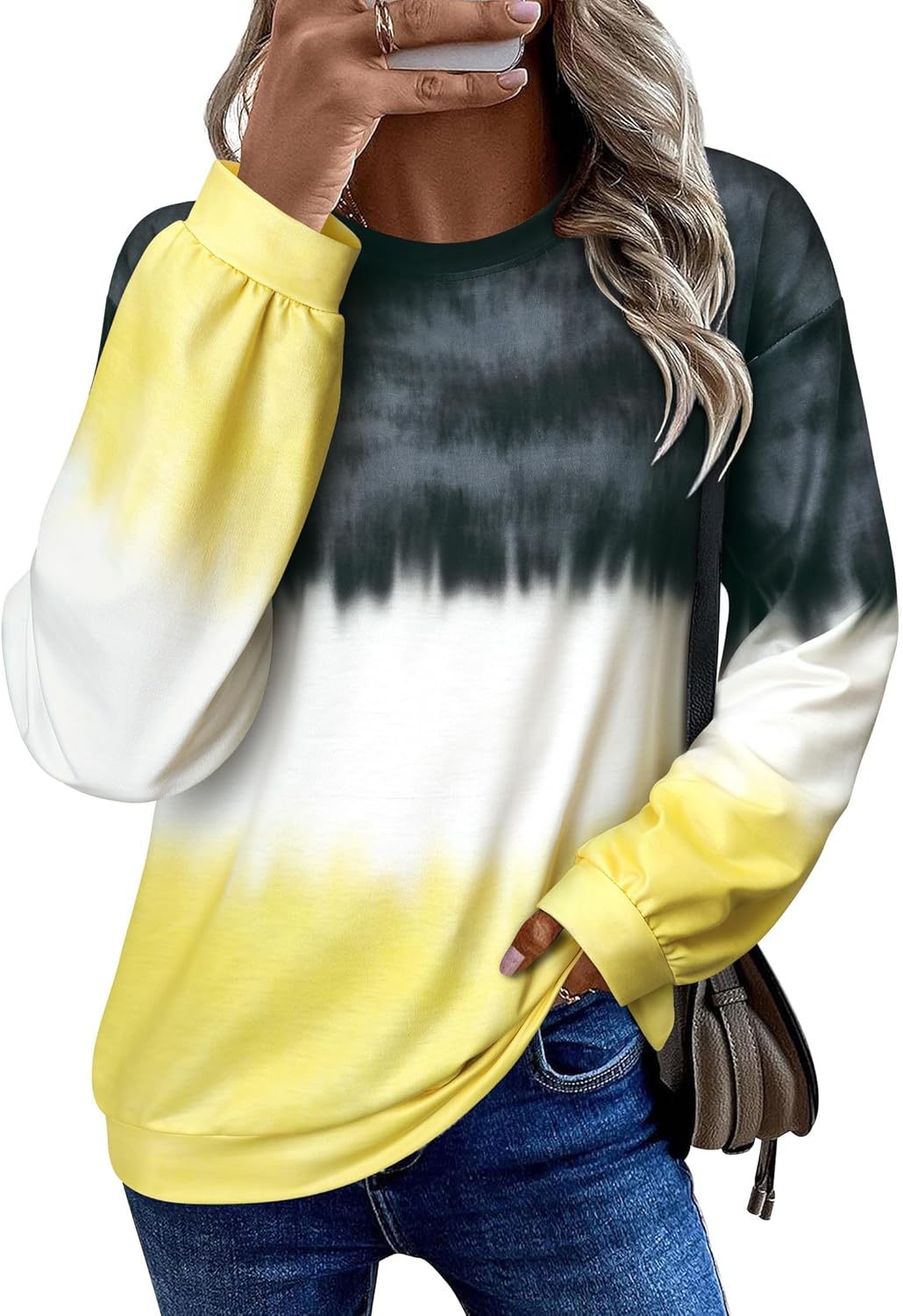 Dresswel Women’s Oversized Crew Neck Tie Dye Sweatshirts with No Hood Plus Size Casual Color Block Long Sleeve Pullover Tops