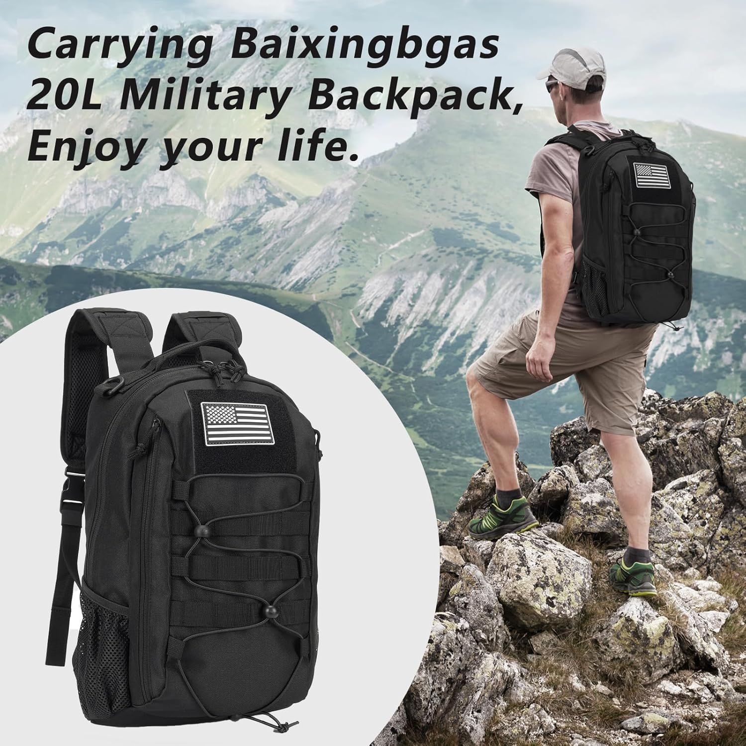 BAIXINGBAGS 20L Mini Small tactical backpack for men, MOLLE System Daypack black gym hunting backpack Comfortable for Hiking Camping