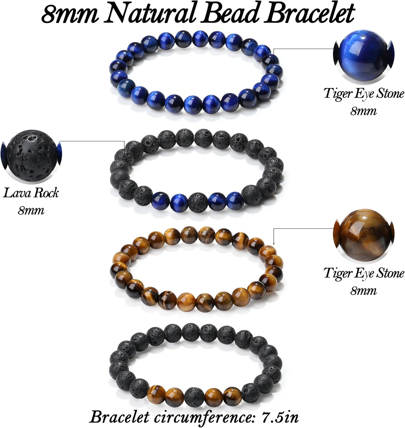 XIANNVXI Natural Stone Beads Bracelet for Men Crystal Bracelets 8MM Tiger Eye Lava Rock Obsidian Beaded Bracelet Set Black/Red/Blue Crystal Beaded Bracelets for Men - Image 6