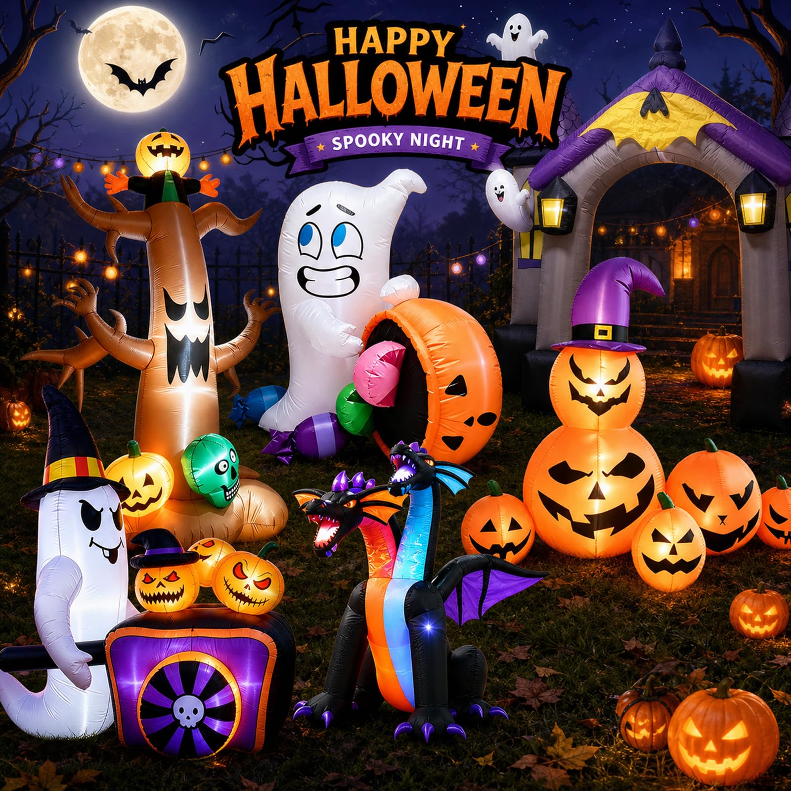 Wysoka Nadmuchiwana Dekoracja Halloween, Kompaktowy Rozmiar, Wielokrotnego UżYtku, Wbudowanymi Diodami Led | Nadmuchiwany Duch Halloween E