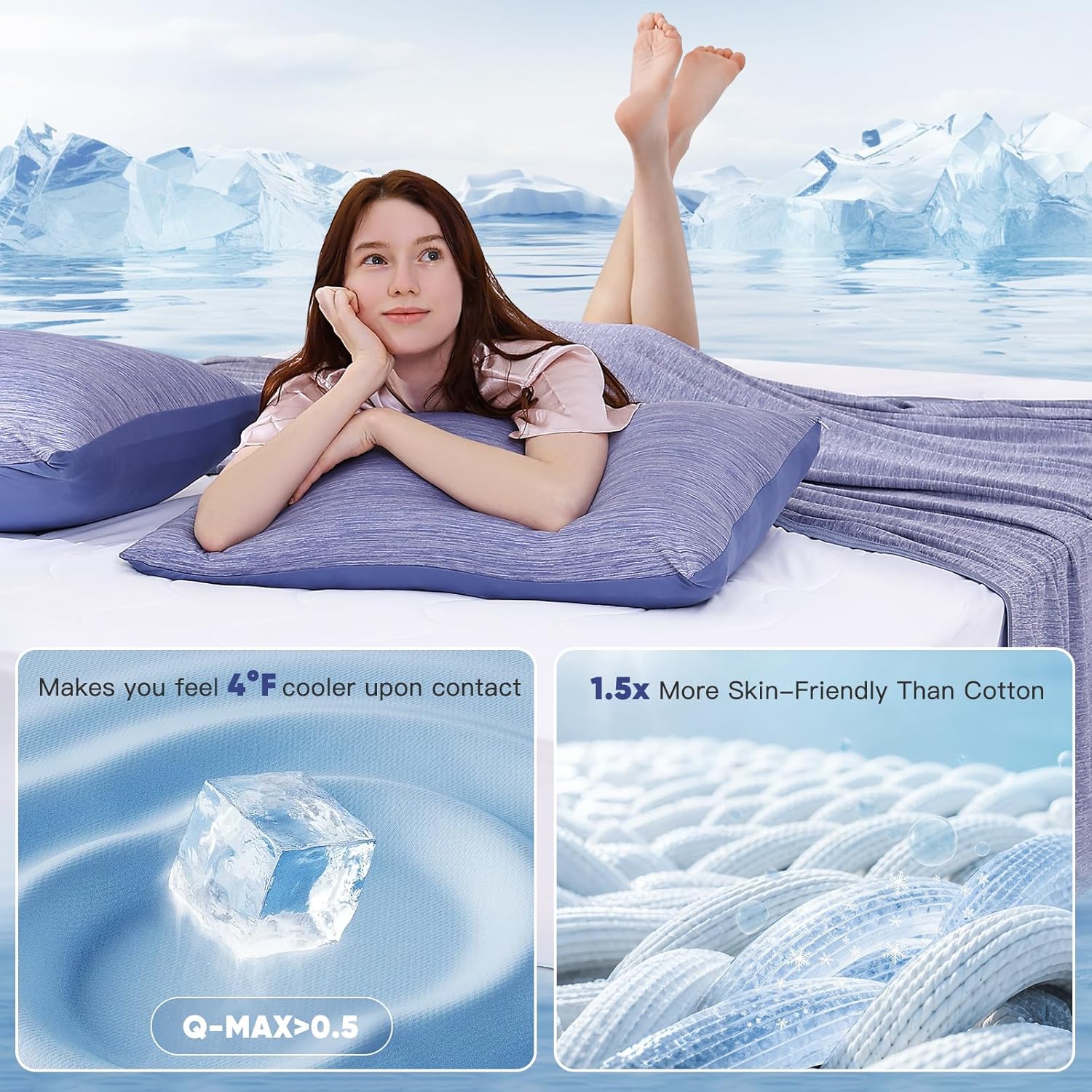 Marchpower Cooling Pillow Cases for Hot Sleepers Queen Size, Japanese Arc-Chill Cool Pillow Cases Double Design 2 Pack, Zipperd Breathable Skin-Friendly Cooling Pillowcase (20 X 30 inches)-Blue