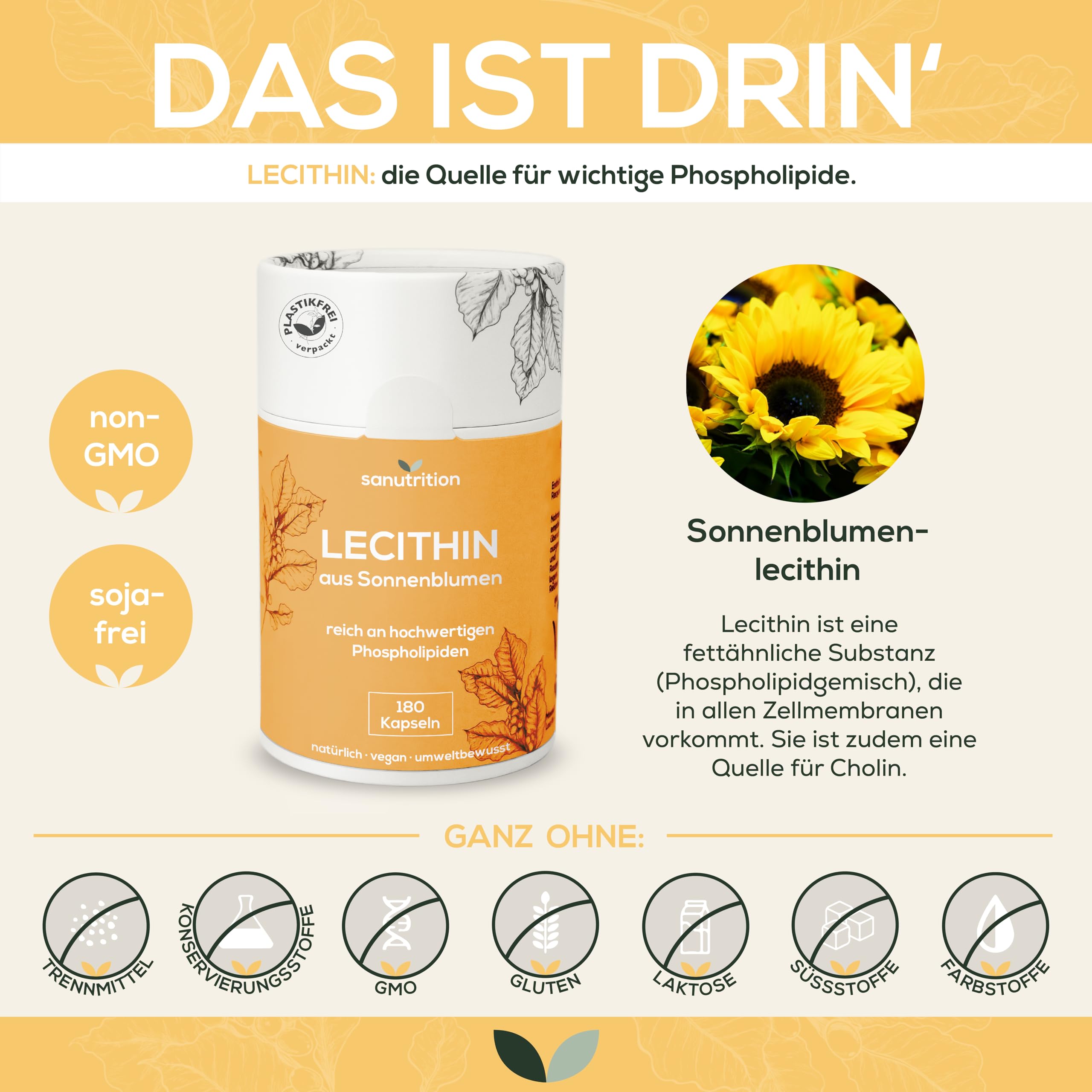Sonnenblumenlecithin | 180 Kapseln | exakte Dosierung | Reinstoffprodukt | Ohne Zusätze | non-GMO | Flüssigkapseln reich an Phospholipiden | geprüfte Qualität