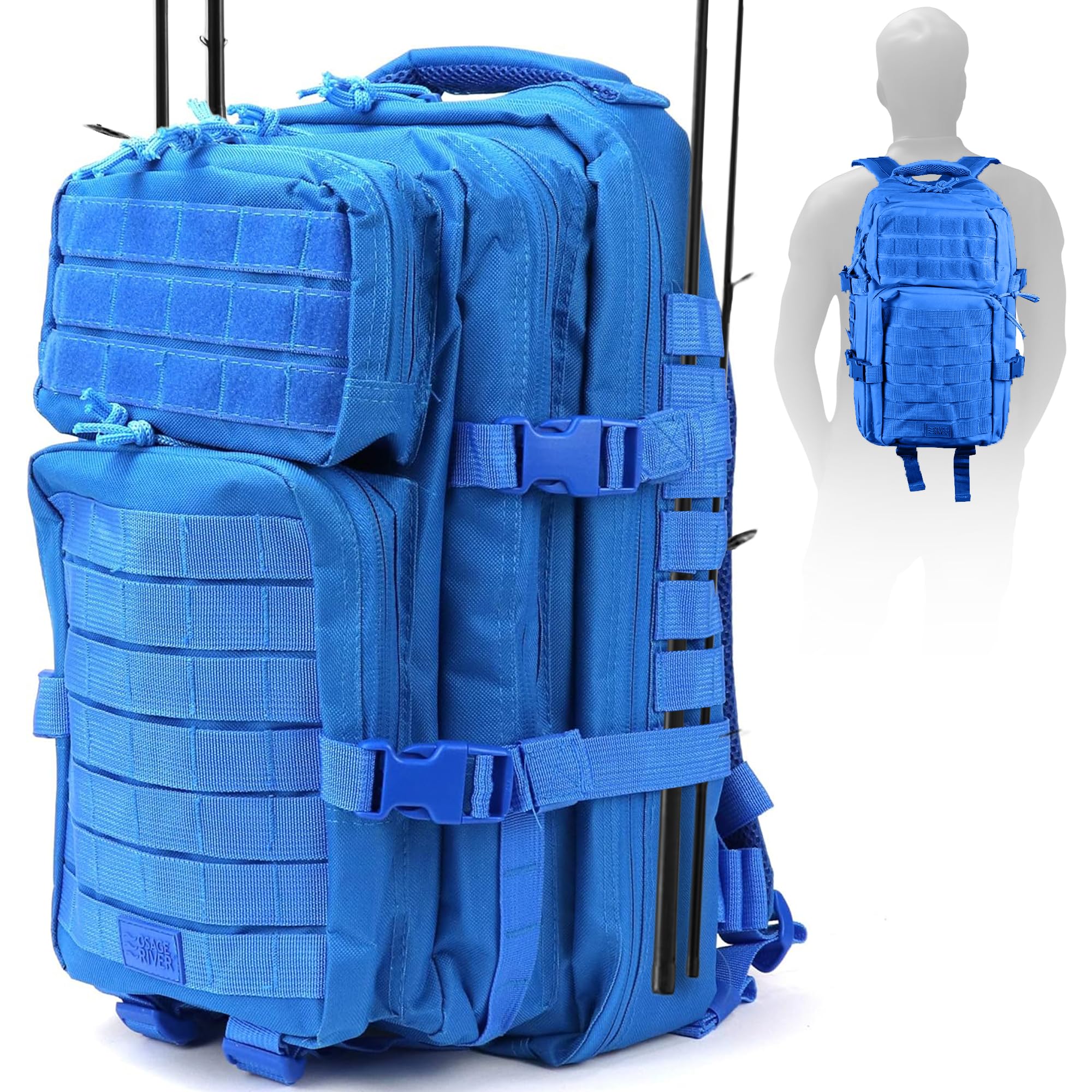 MOLLE Fishing Backpack with Rod Holder - 600D Large Tackle Bag for Trays and Fishing Accessories - Tactical Backpack for Camping, Traveling, Hunting - Electric Eel Blue
