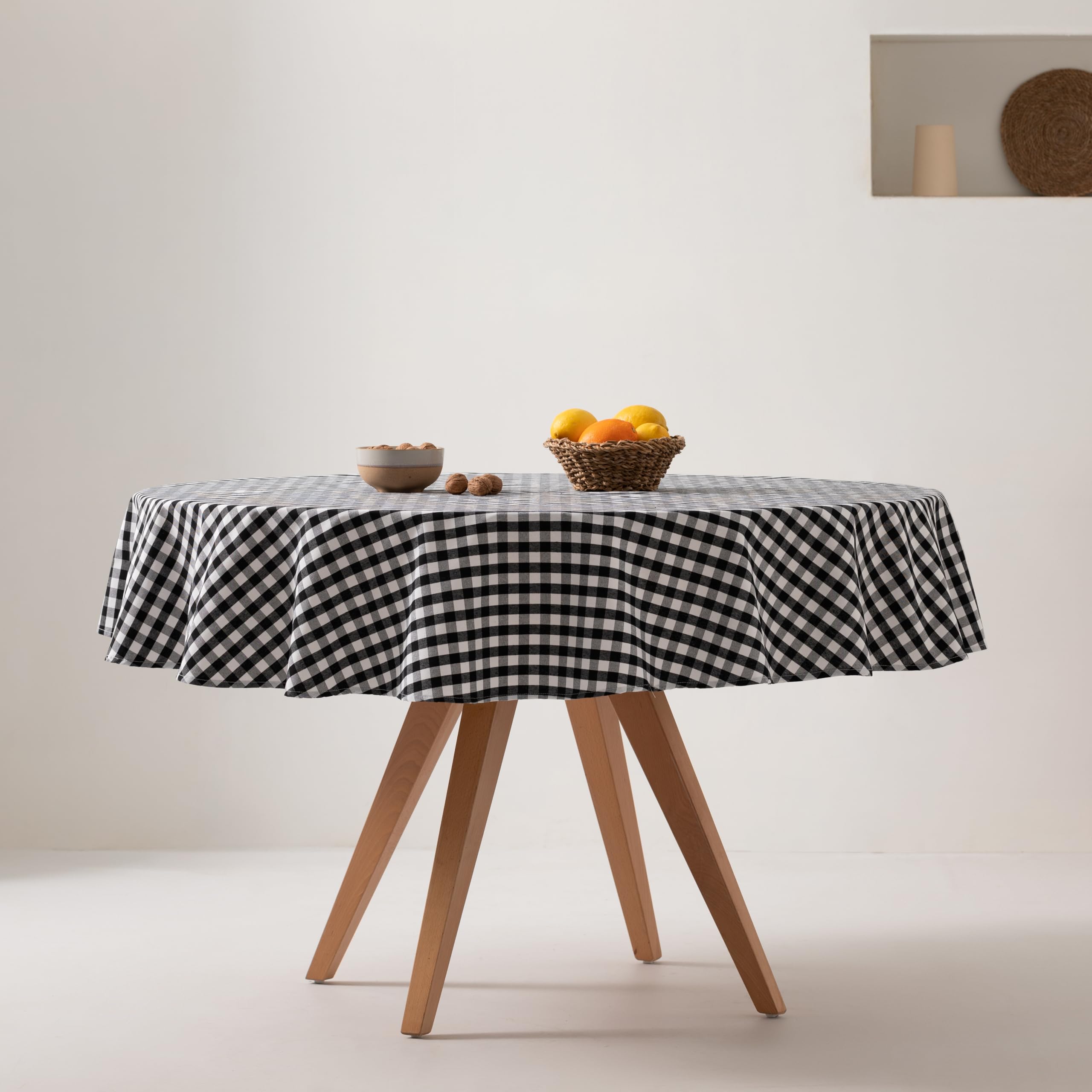 GAMUSI Stain Resistant Round Vichy Square Tablecloth, Cotton, Fabric Touch, 160 x 160 cm, Black, Black/White, 63 inch (Round) - Image 2