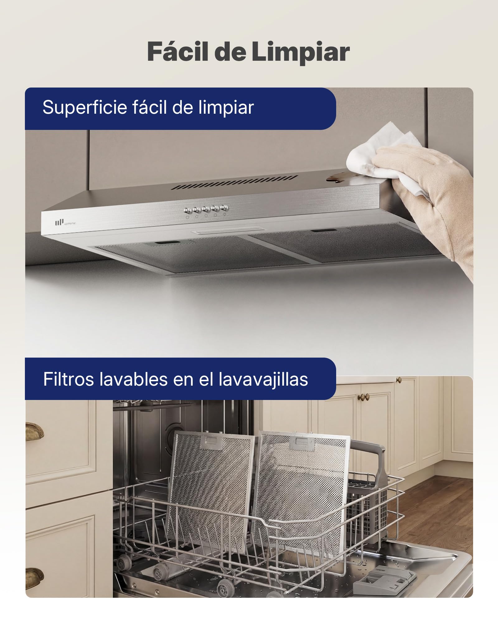 Upstreman Campana Extractora 60 cm，Classe A+++, 3 Niveles Recirculación (220 m³/h), Extraído & Recirculado con Filtro de Carbón,61 dB, iluminación LED 1,5 W, Acero Inox, HU60