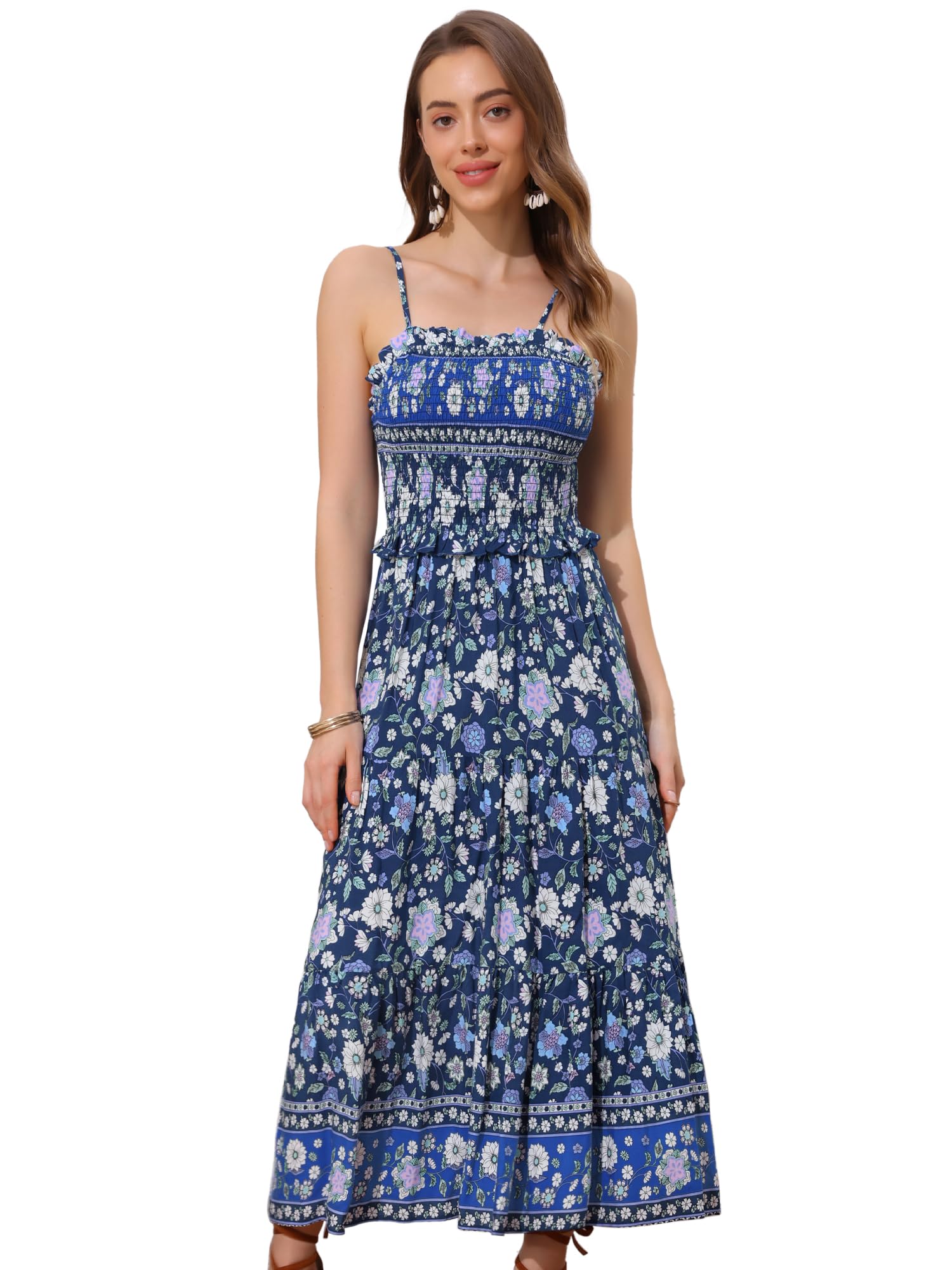 Allegra K Boho Floral Dress for Womens Spaghetti Strap Flowy Smocked Tiered Maxi Dresses
