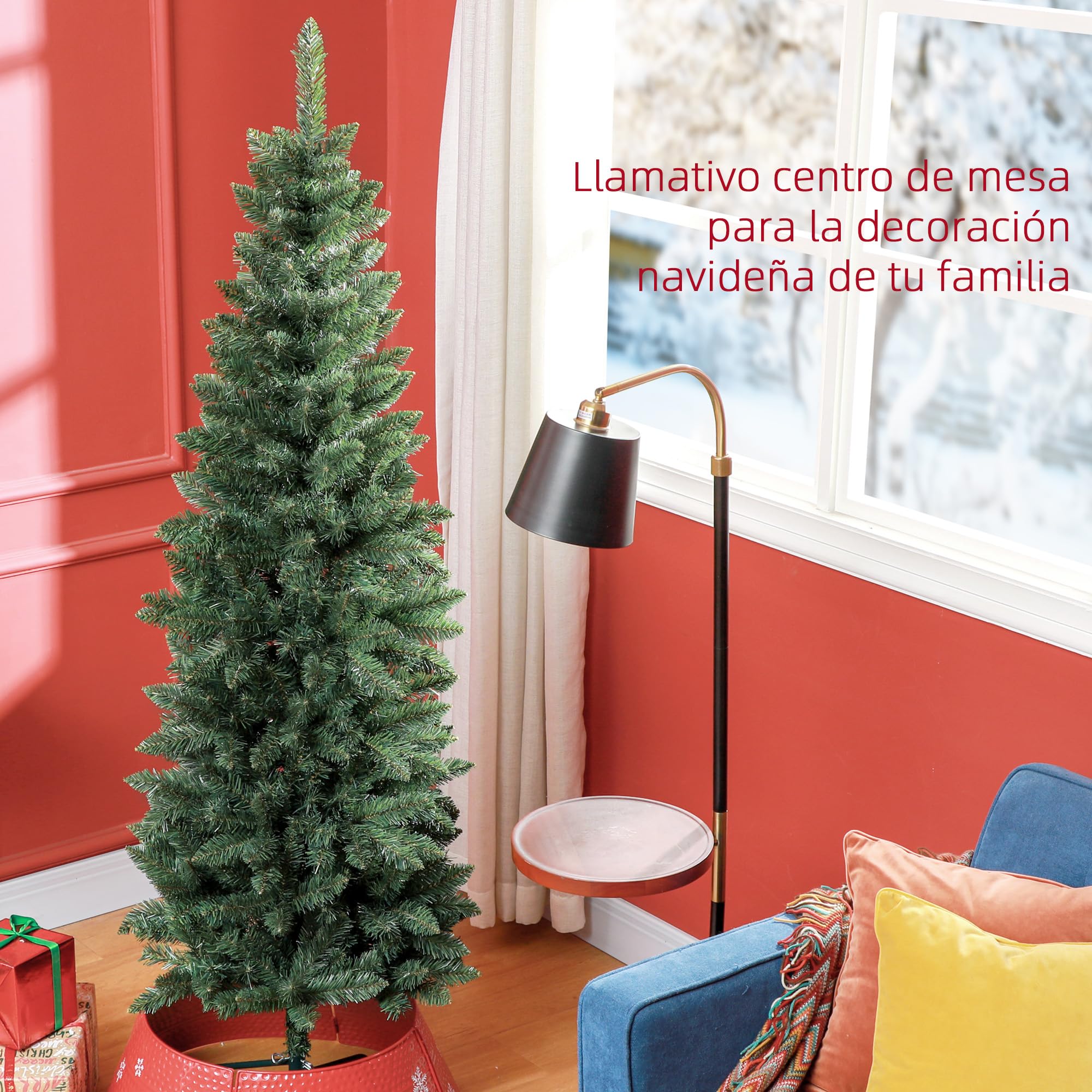 HOMCOM Árbol de Navidad Estrecho 183 cm Base Plegable 479 Ramas Verde