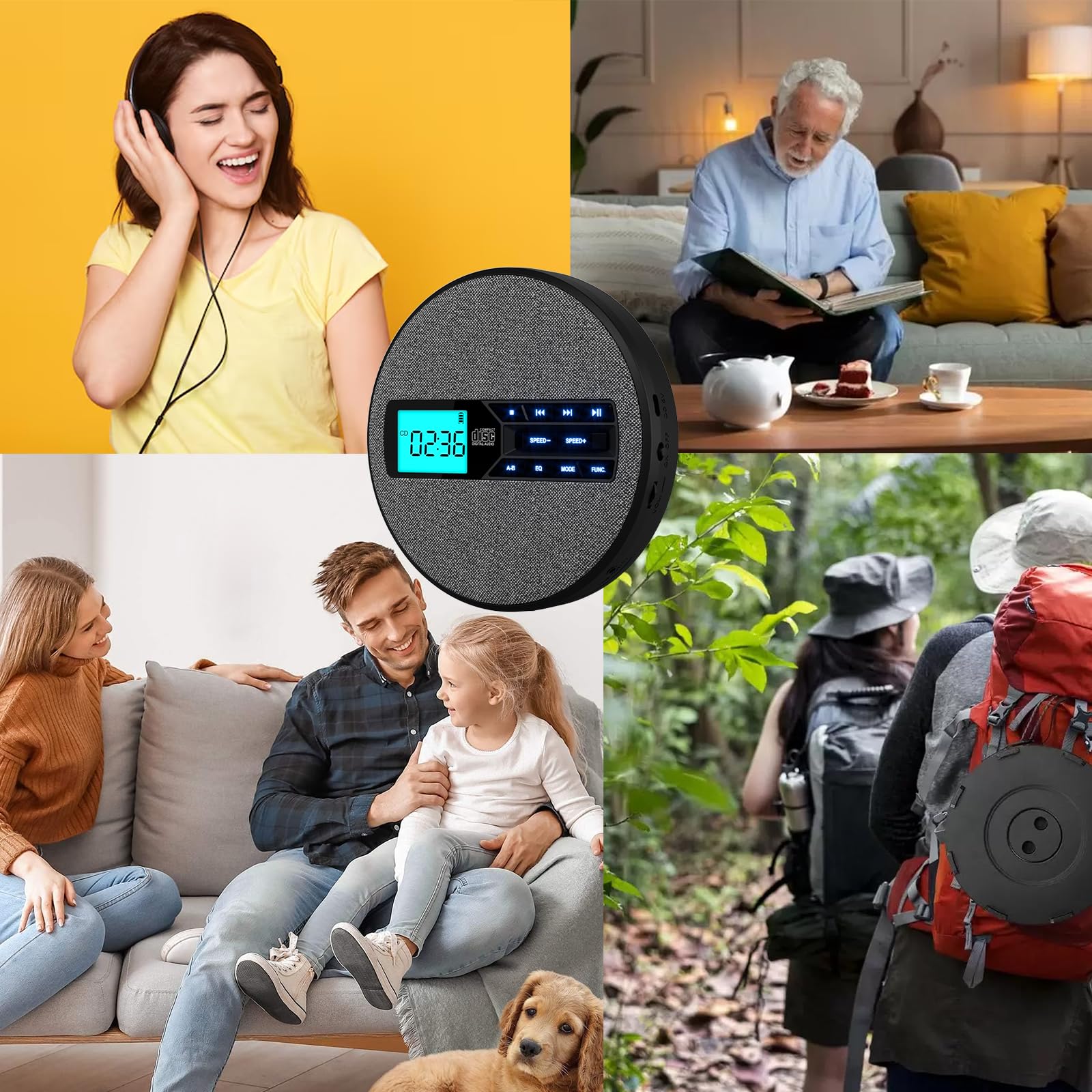 Lecteur CD portable, rechargeable et portable avec double haut-parleurs et anti-saut, CD, USB, AUX, affichage LCD, bouton rétroéclairé, 5 égaliseurs, répétition A-B, 10 vitesses pour (Czarny)