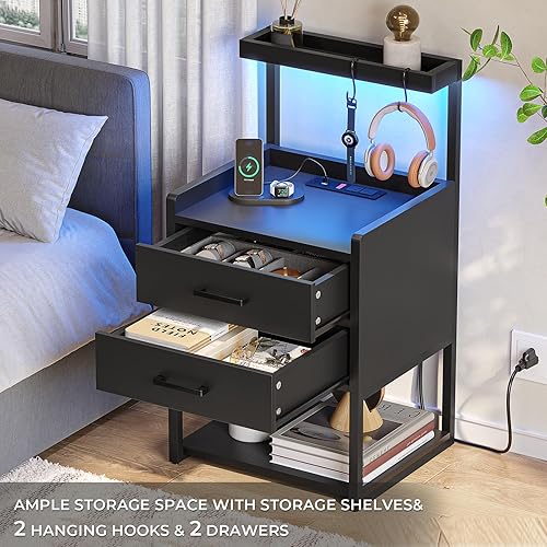 Miniatura 3 de VIAGDO Nightstand with Charging Station and LED Lights, Black Bedside Night Stands with 2 Drawers and Open Storage Shelves, Modern End Side Tables