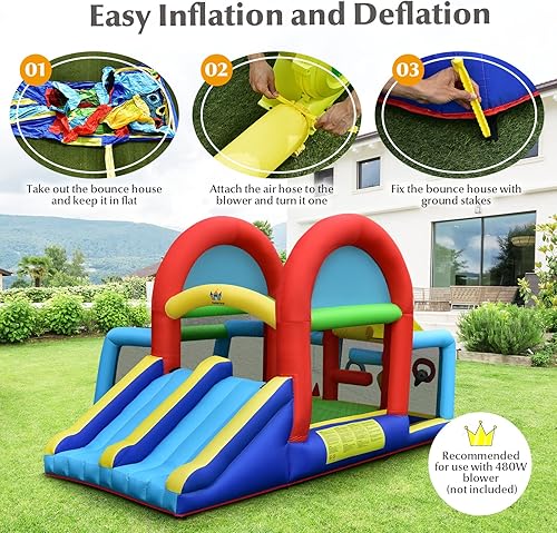 Miniatura 4 de HONEY JOY Casa inflable de rebote 8 en 1 con área de salto, portería de fútbol, aro de baloncesto, juego de objetivo y lanzamiento de anillo,