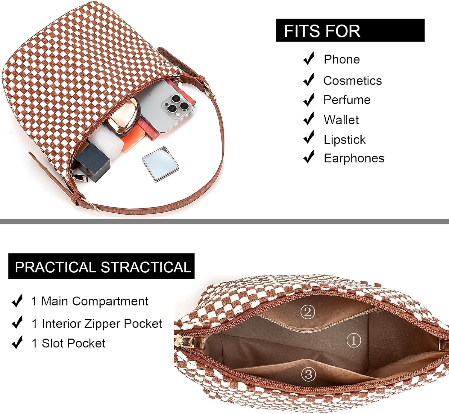 NIUEIMEE ZHOU Woven Crossbody Bags for Women Checkered Shoulder Purse Vegan Leather Hobo Handbag with Adjustable Straps