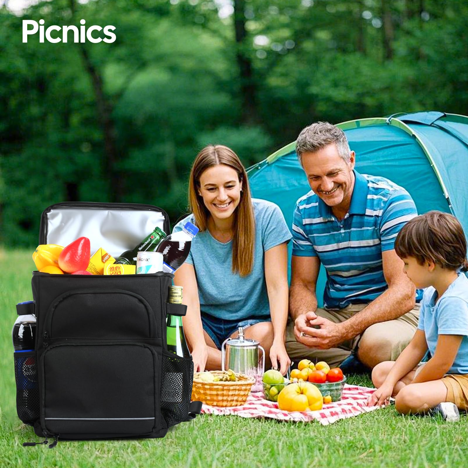 DEWUR Kühlrücksack 20L Thermo Rücksack Kühltasche Wasserdichter Picknickrücksack mit Flaschenöffner für Picknick Camping Strand Wandern Reisen Einkaufen (Schwarz)