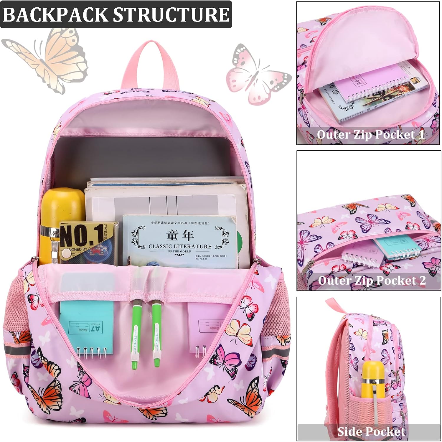 JIANYA Girls Backpack for School Elementary Kids Bookbag School Bag with Lunch Box, Butterfly Pink - Image 4