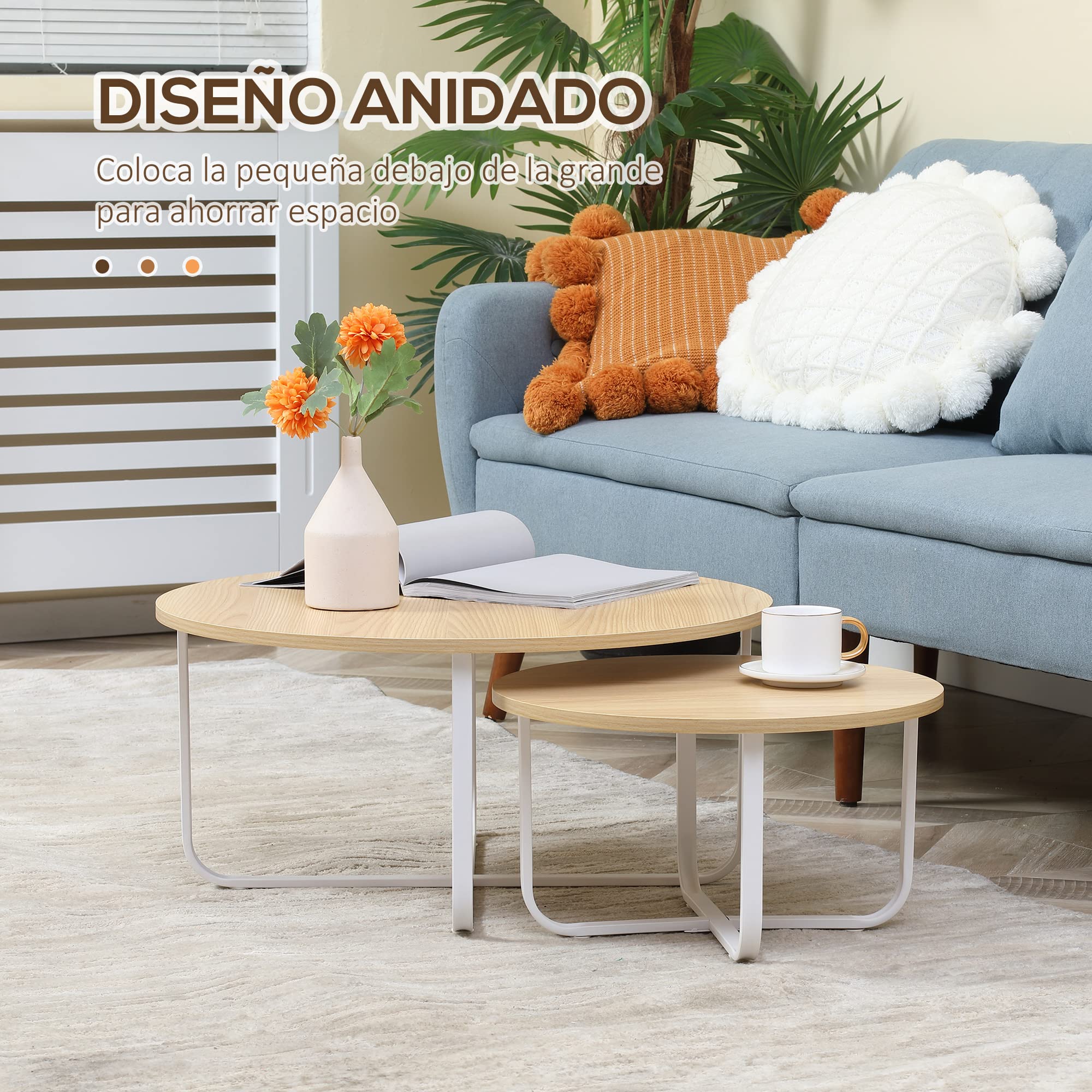 HOMCOM Juego de 2 Mesas de Centro Ø65x32 cm y Ø45x26 cm Natural y Blanco | Mesas de Salón Redondas, Encimera de Madera, Patas de Metal, para Domitorio
