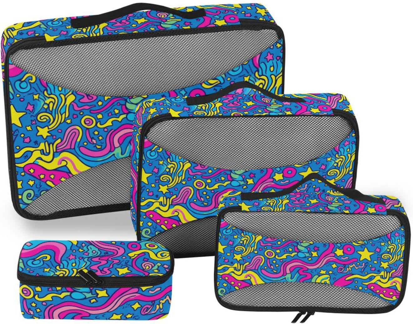 Colorful Abstract Geometic 4 Pcs set organizer for luggage Mesh Travel Essentials expandable set compression packing cubes