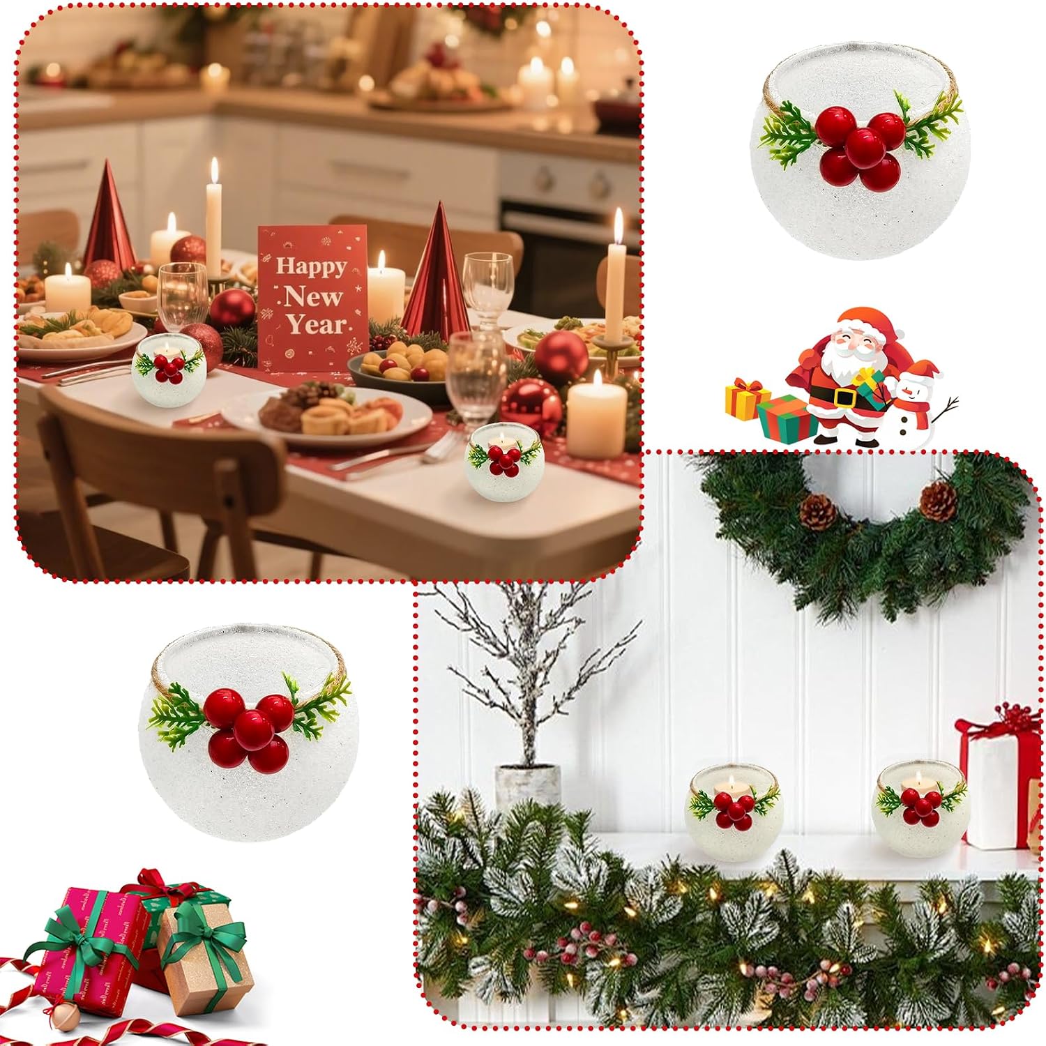 Christmas Votive Candle Holder Set of 6 with Snowy and Red Berry Pine Leaves Xmas Glass Tealight Candle Holders for Winter Xmas Table Centerpiece Decor, Wedding Party Indoor Decorations, Fireplace