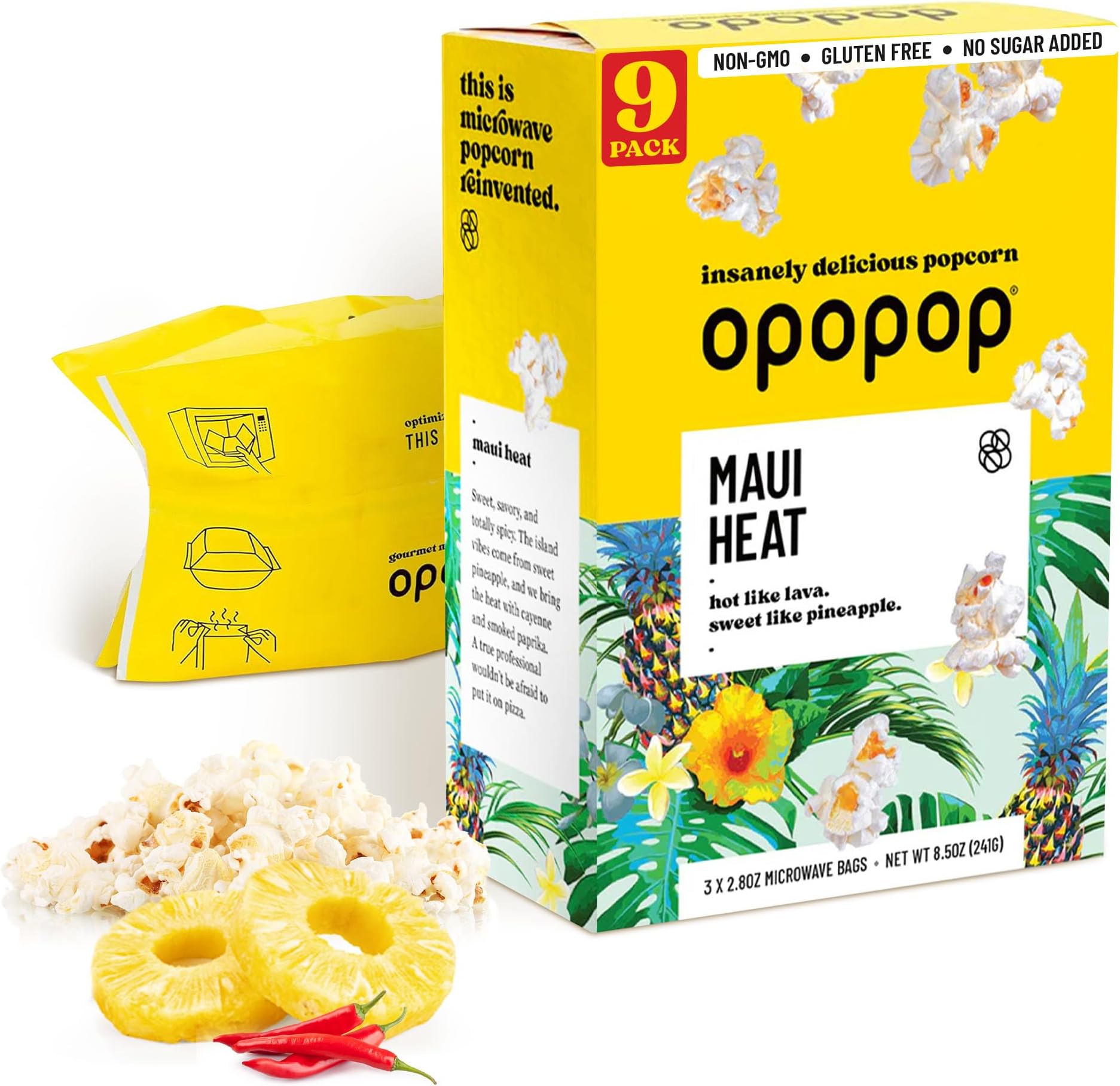 Opopop Microwave Popcorn - Maui Heat 2.8 oz., 9-Count - Sweet and Hot Popcorn, Flavored Popcorn, Non-GMO