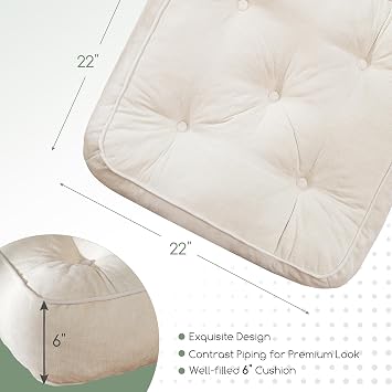 HIGOGOGO 6 Extra Thick Floor Pillow Cushion for Adults, Meditation Cushion Pillow with Handle, Lustrous Chenille Tufted, Square Floor Sitting for Tatami Living Room or Yoga, 22x22 Inch, 2Pack, Beige