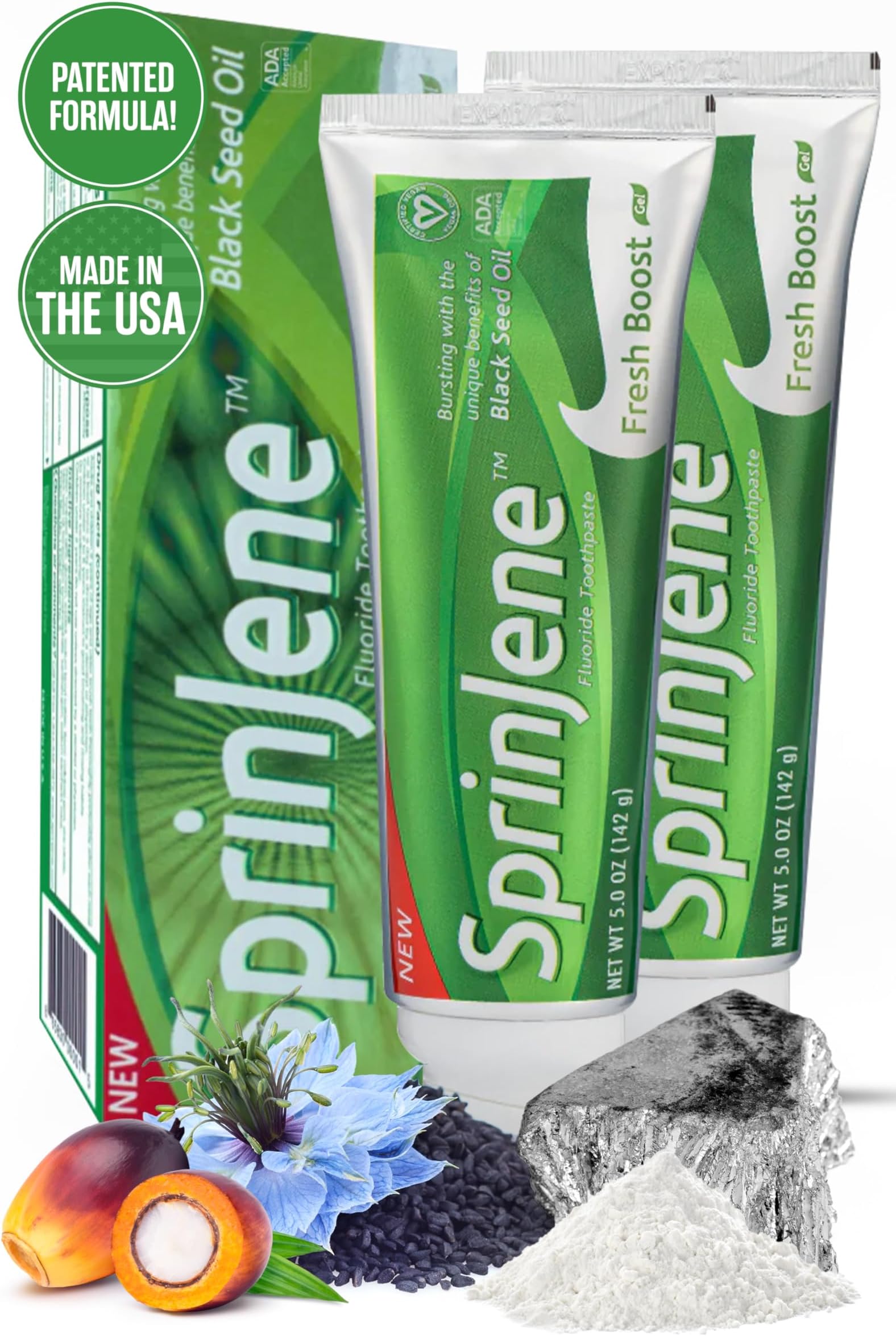 SprinJeneFluoride Toothpaste with Patented Black Seed Oil and Zinc - Certified Vegan, Cruelty-Free, Gluten-Free, Kosher, Halal, Natural Teeth Whitening Toothpaste 2 Pack (Fresh Boost)