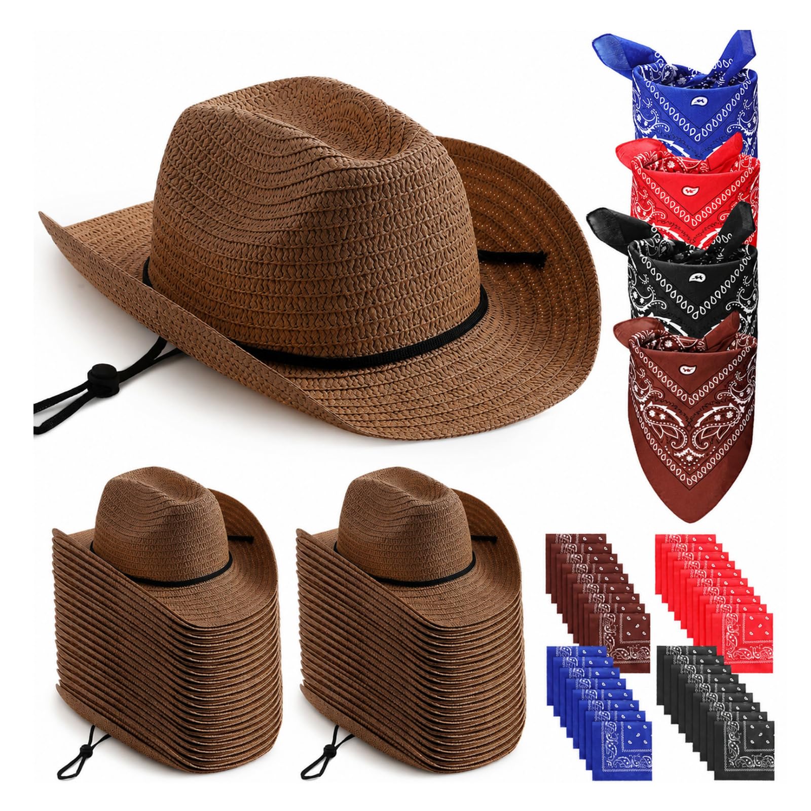 Coume 36 Set Straw Cowboy Hats and Bandanas Bulk