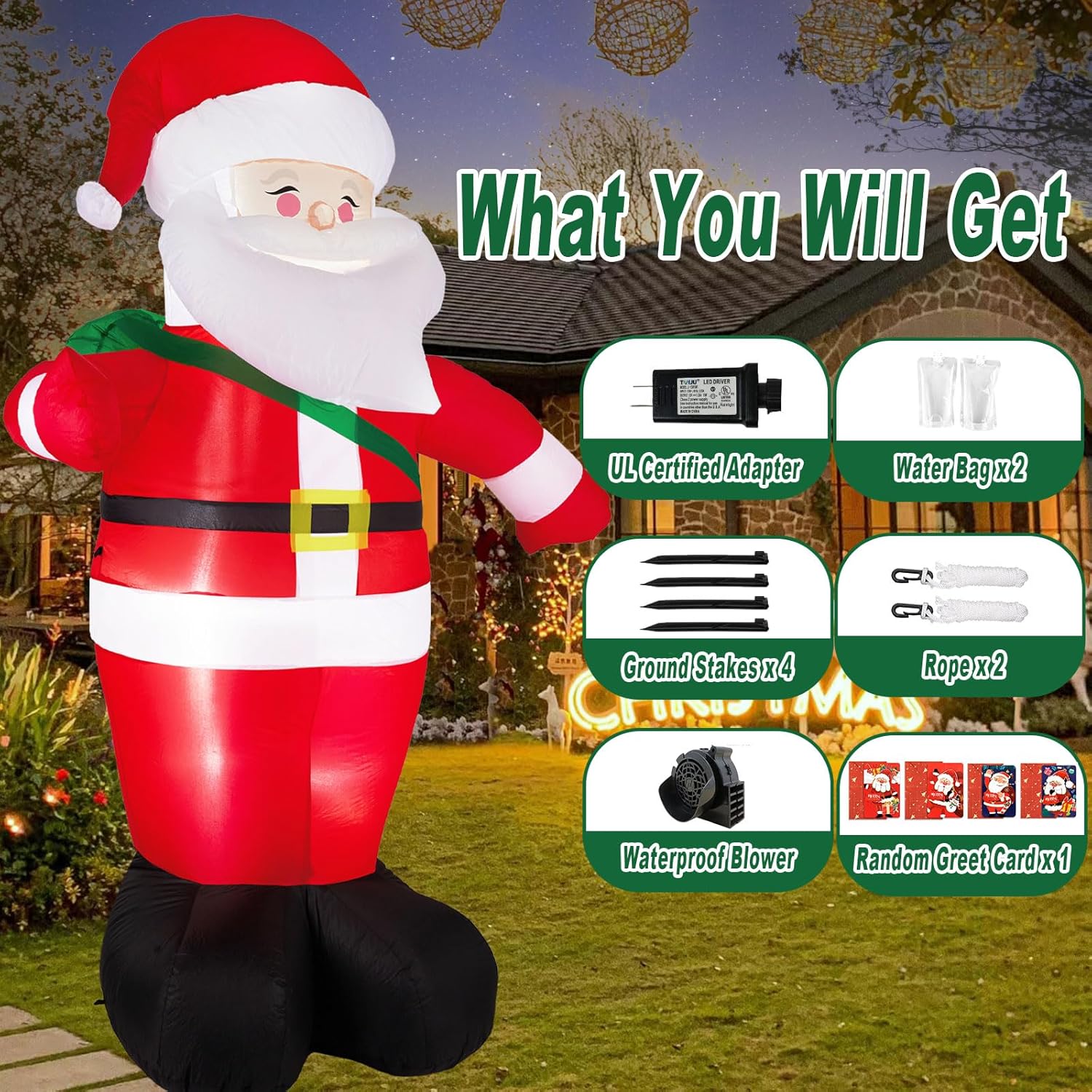 8 FT Christmas Inflatables Santa Claus Outdoor Decorations, Giant Blow Up Santa Claus with Gifts Bag, Built-in LED Light, Outside Xmas Decor for Front Back Yard Garden Lawn