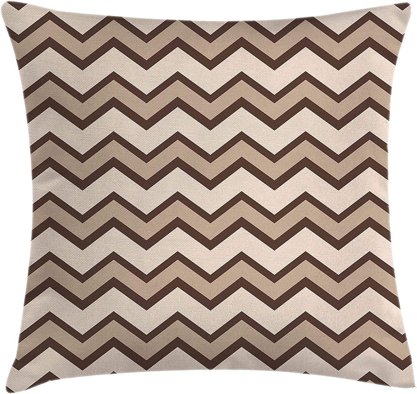 tgyew Tan Throw Pillow Cushion Cover, Classic and Fashionable Chevron Zigzag Pattern Waves Geometric Retro Style Tiling, Decorative Square Accent Pillow Case, 18 X 18 Inches, Brown and Tan