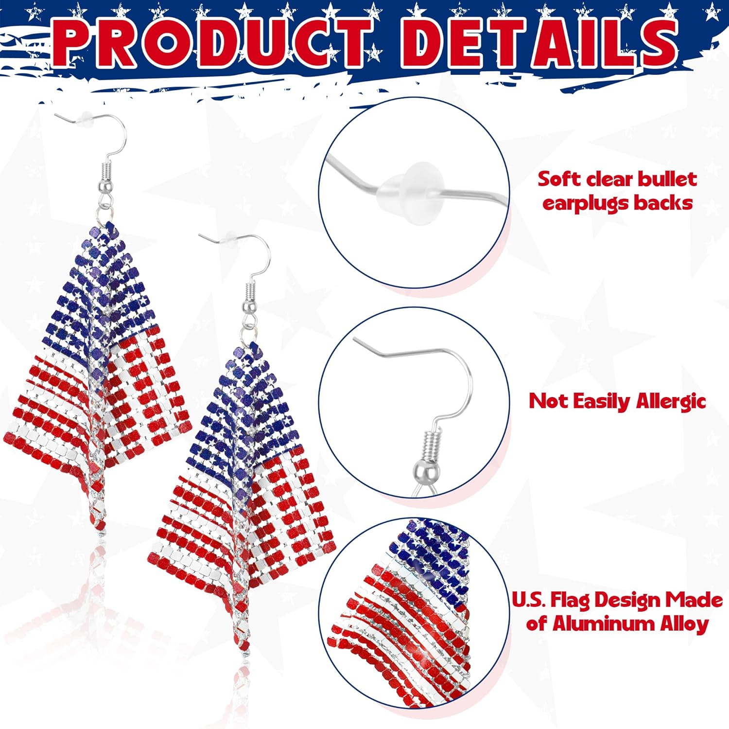 Fullive 4th of July Earrings, Patriotic Dangle Stud for Women, Hypoallergenic Hook Fourth of July Jewelry for Veterans Day - Image 3