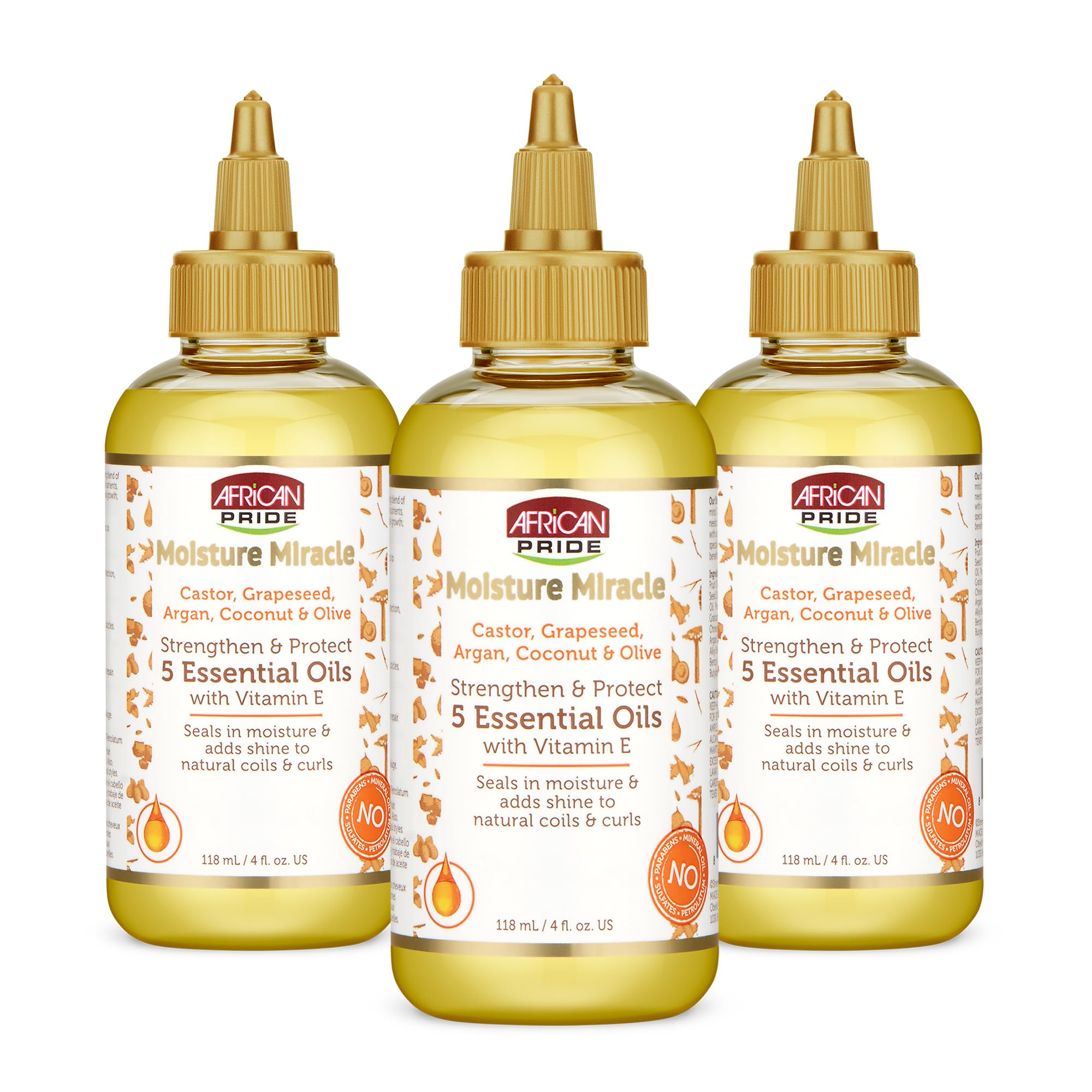 African Pride Moisture Miracle 5 Essential Hair Oils with Vitamin E (Pack of 3) | Moisture, Shine, Protection, and Growth | Argan, Castor, Grapeseed, Coconut, and Olive Oil | 4 oz