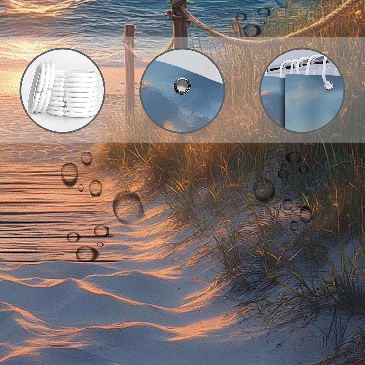 Ocean Beach View Shower Curtain Sunrise Sunset Scene Hawaii Seashore Sun Grass Sand Summer Coastal Seaside Seagull Peaceful Seascape Nautical Vacation Bathroom Decor Fabric Curtain with Hooks