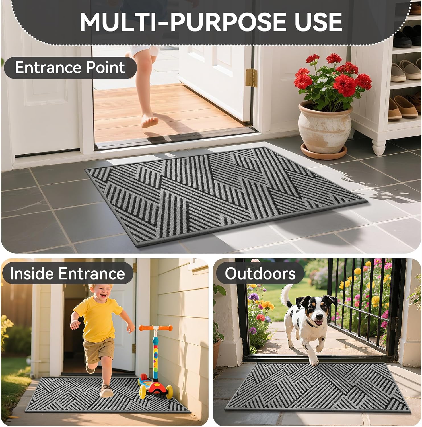 Door Mat Indoor Outside Entrance 17"x30", Low-Profile Non Slip Outdoor Inside Doormat Entryway Mat, Dirt Resistant Absorbent Front Porch Welcome Entry Mats, Washable Easy Clean, Grey